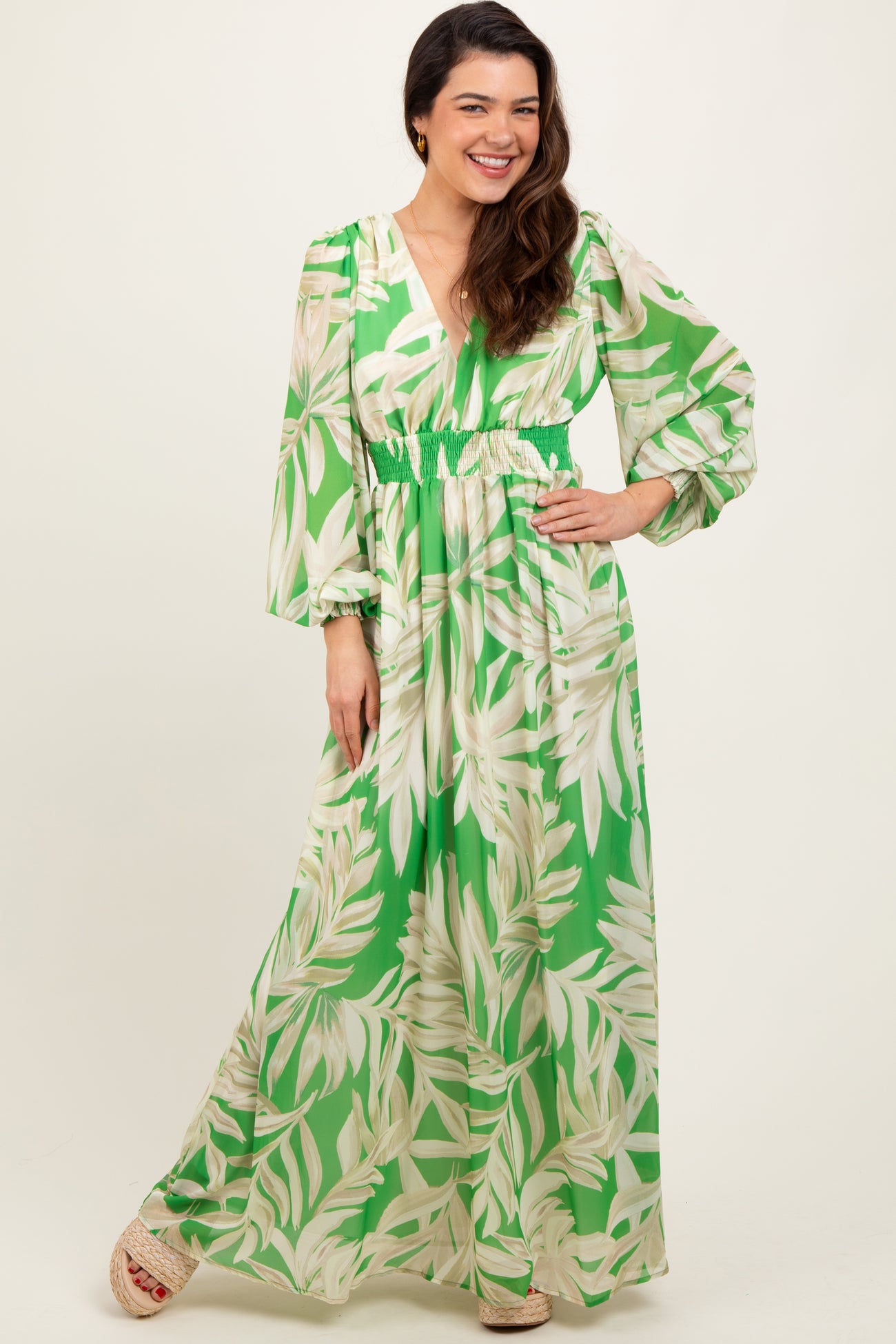 Lime Leaf Print Smocked Waist Long Sleeve Maternity Maxi Dress