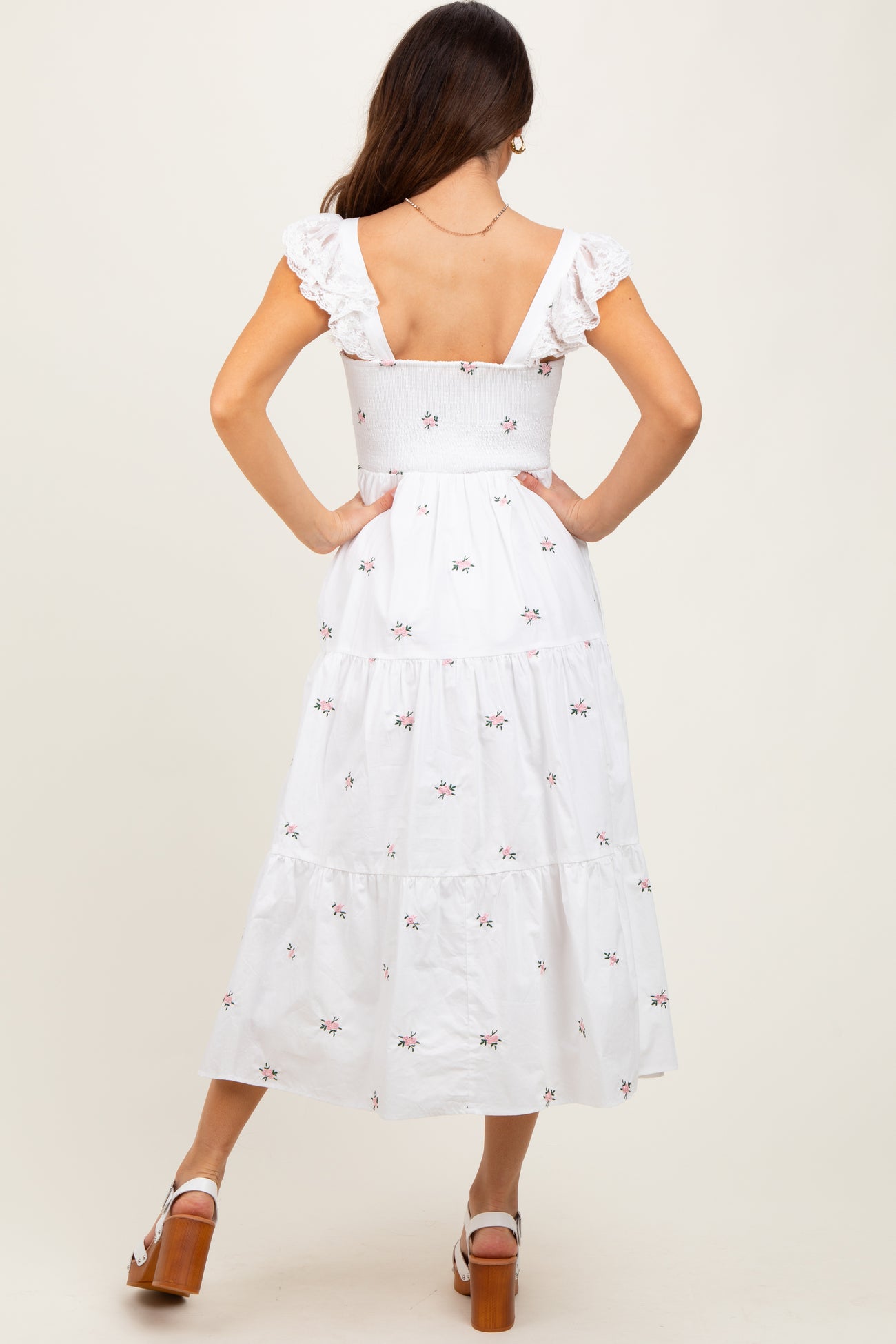 White Floral Embroidered Tiered Midi Dress