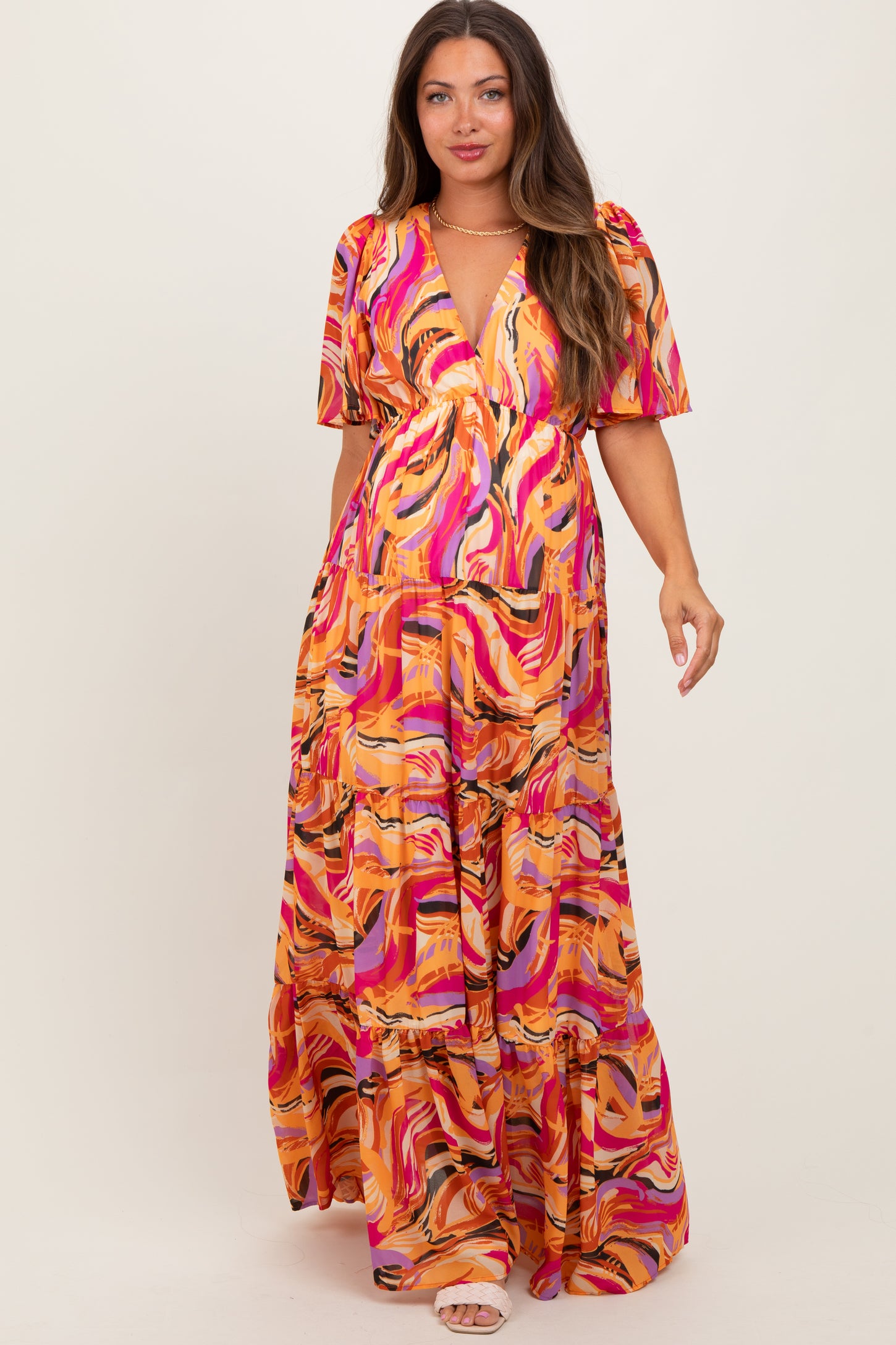 Magenta Brushstroke Print Tiered Maternity Maxi Dress