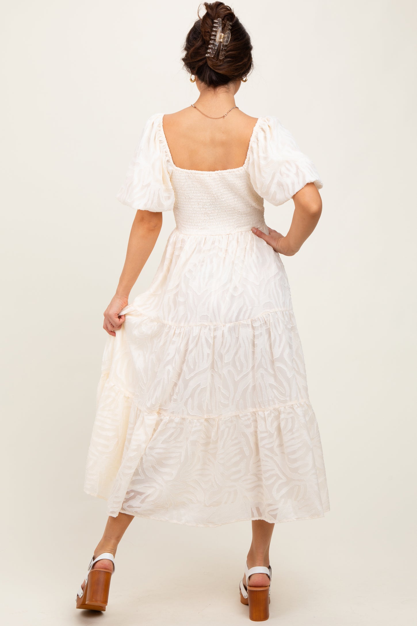 Cream Jacquard Puff Sleeve Tiered Midi Dress
