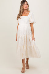 Cream Jacquard Puff Sleeve Tiered Maternity Midi Dress