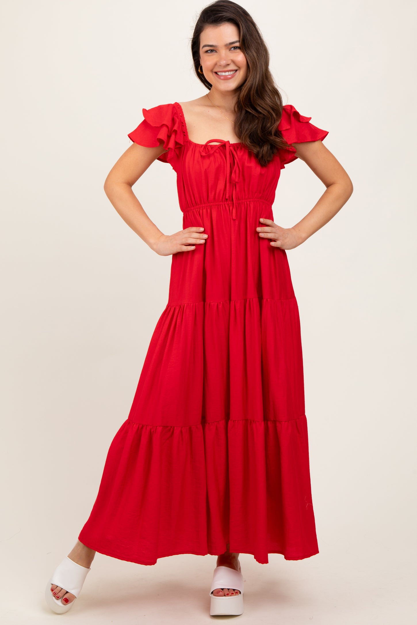 Red Layered Flutter Sleeve Tiered Maxi Dress