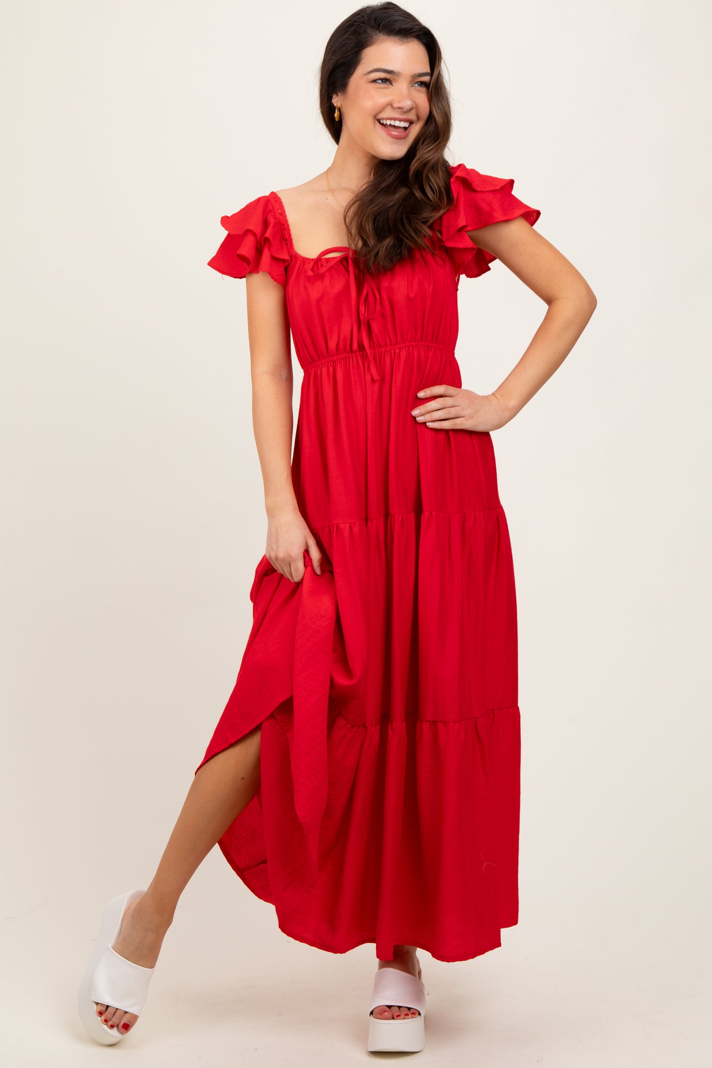 Red Layered Flutter Sleeve Tiered Maxi Dress
