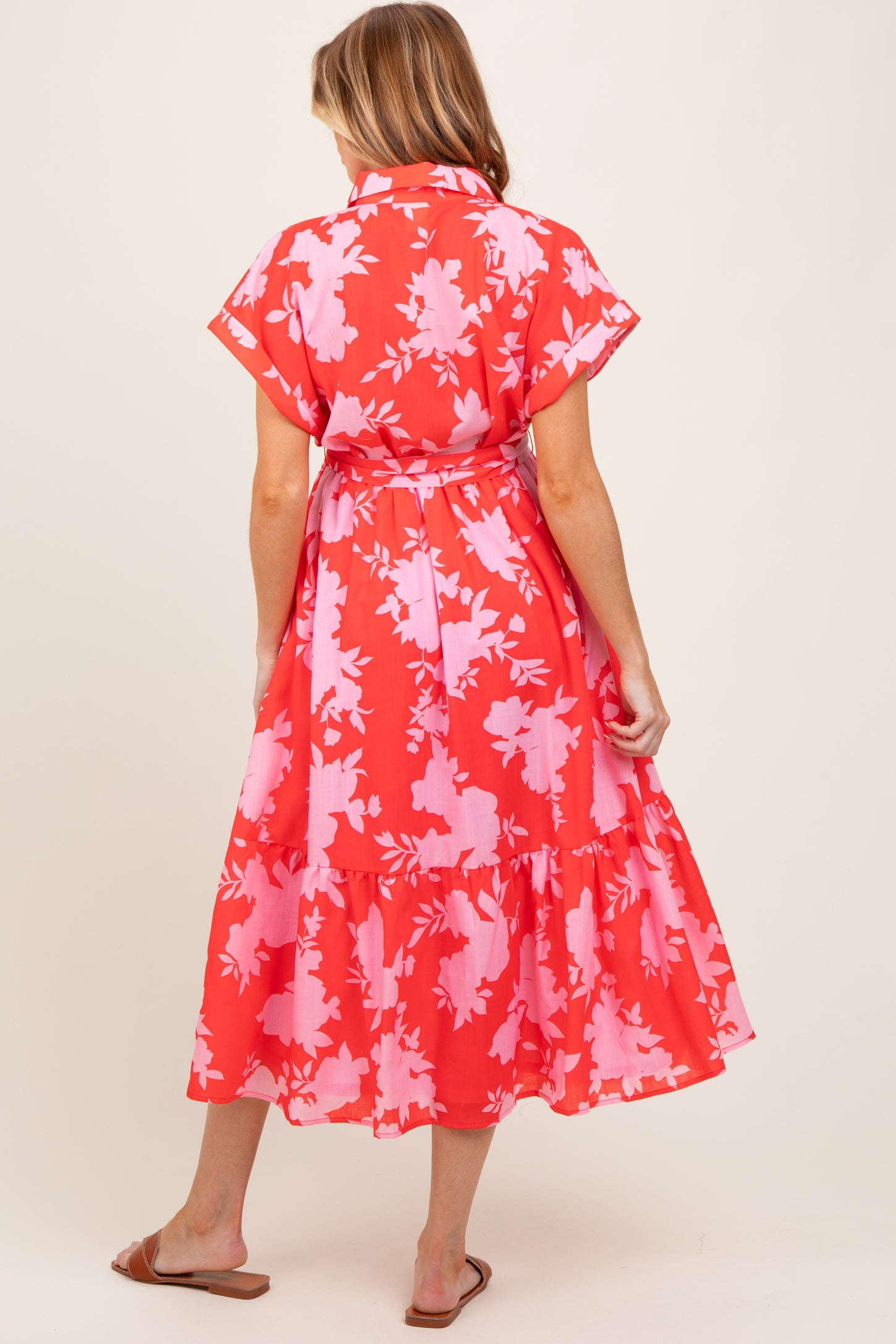 Red Floral Button Down Maternity Shirt Dress