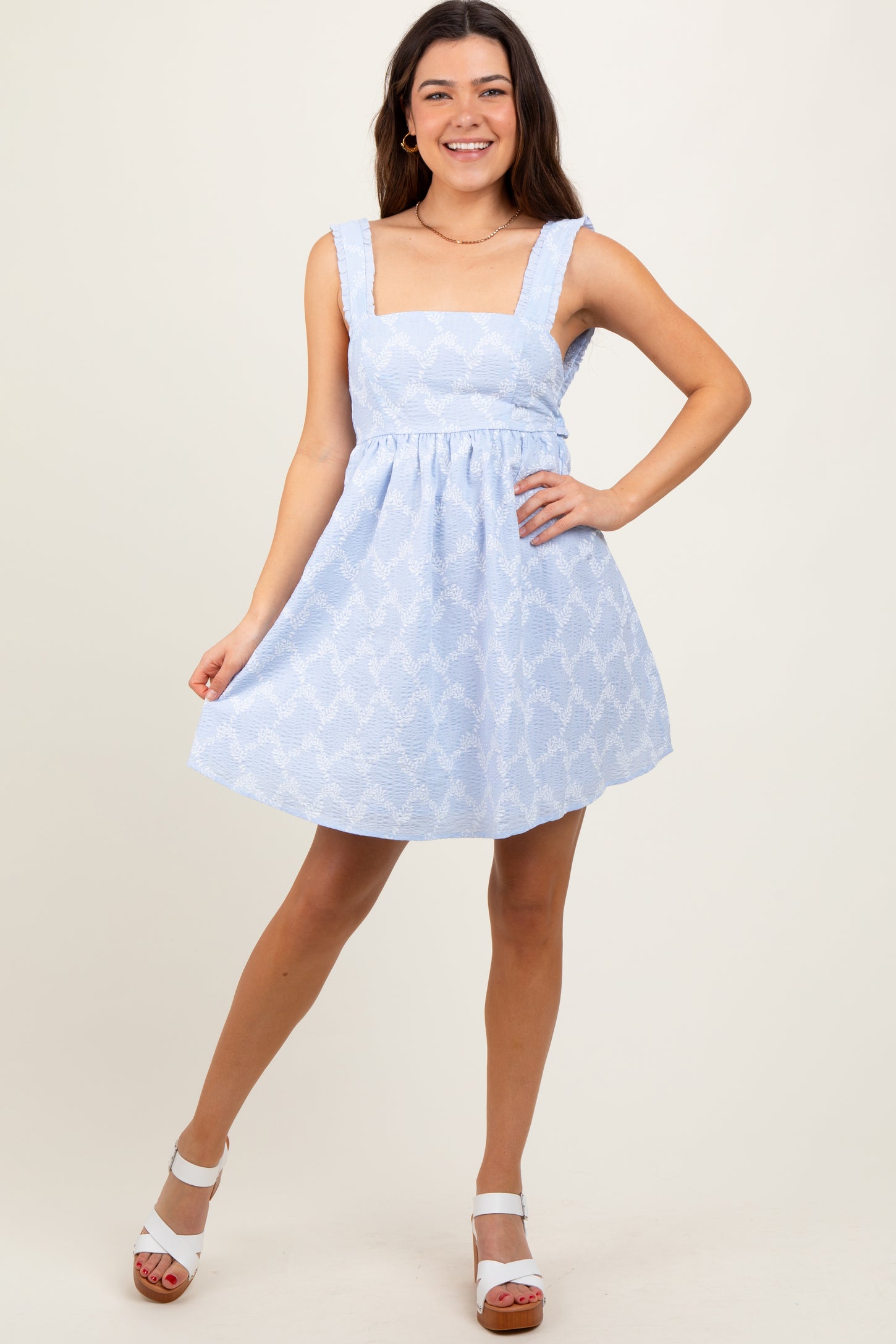 Light Blue Printed Square Neck Maternity Dress