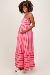Pink Striped Shoulder Tie Maternity Maxi Dress