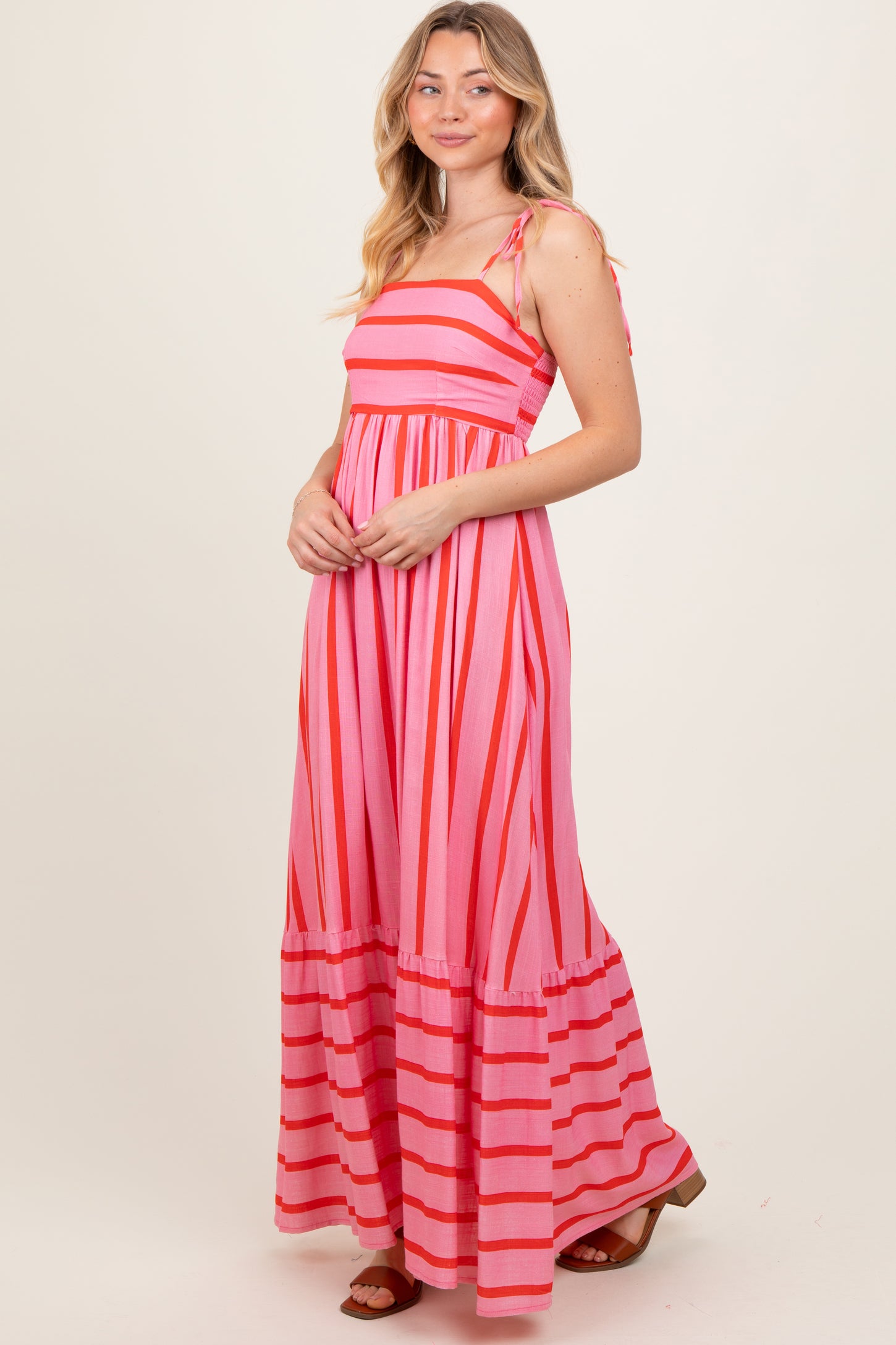 Pink Striped Shoulder Tie Maxi Dress