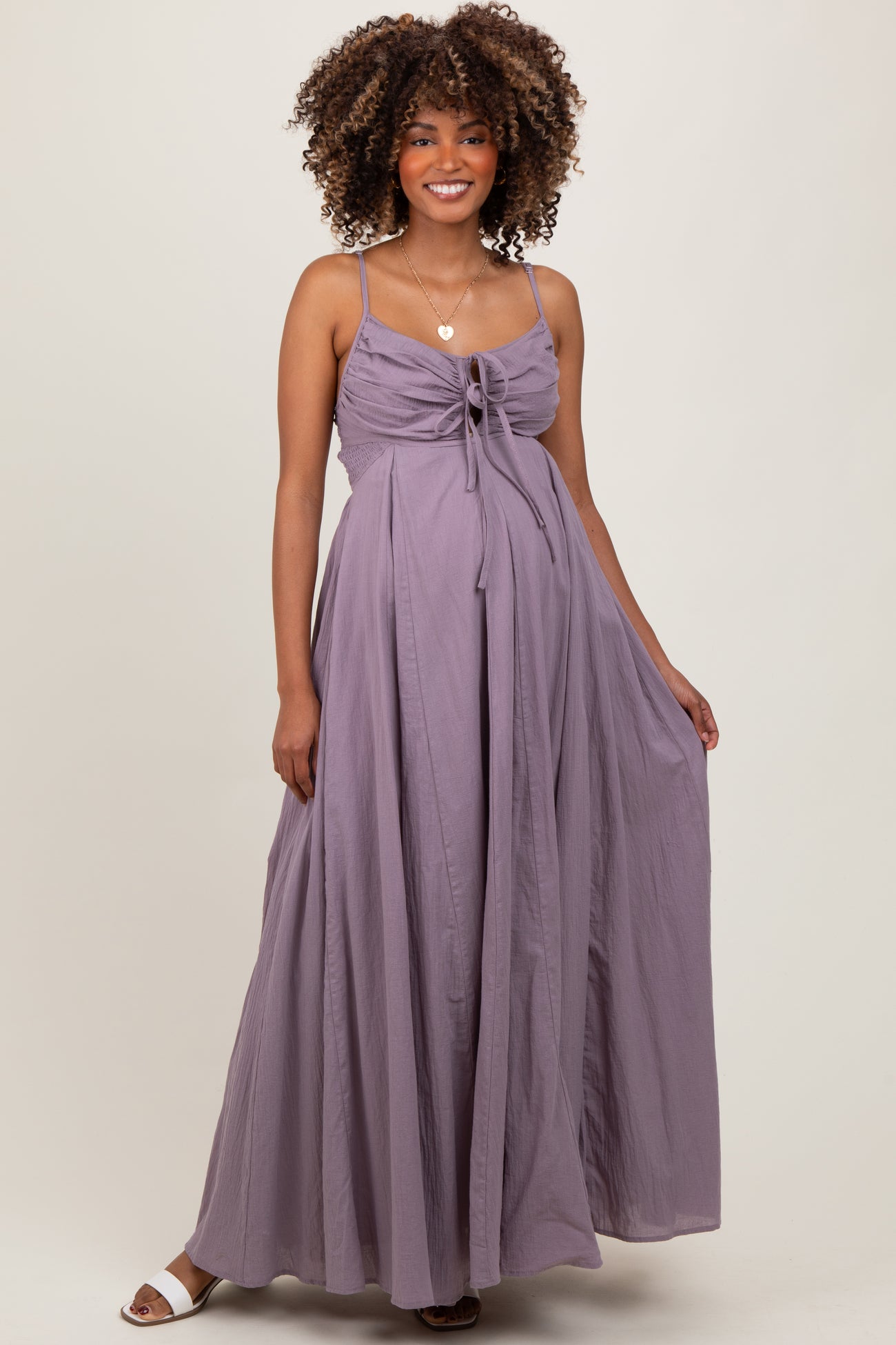 Purple Gathered Tie Front Maternity Maxi Dress