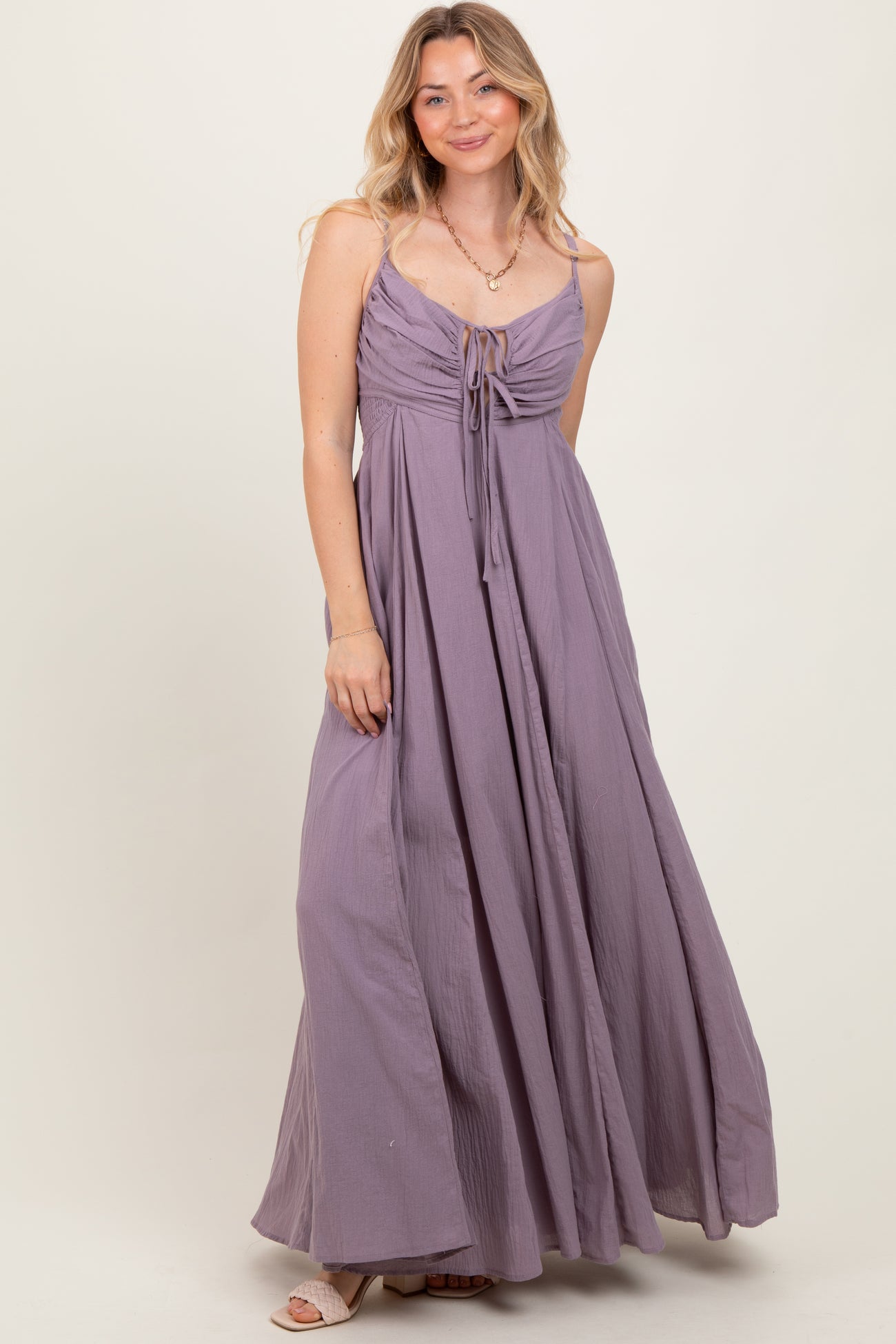 Purple Gathered Tie Front Maternity Maxi Dress