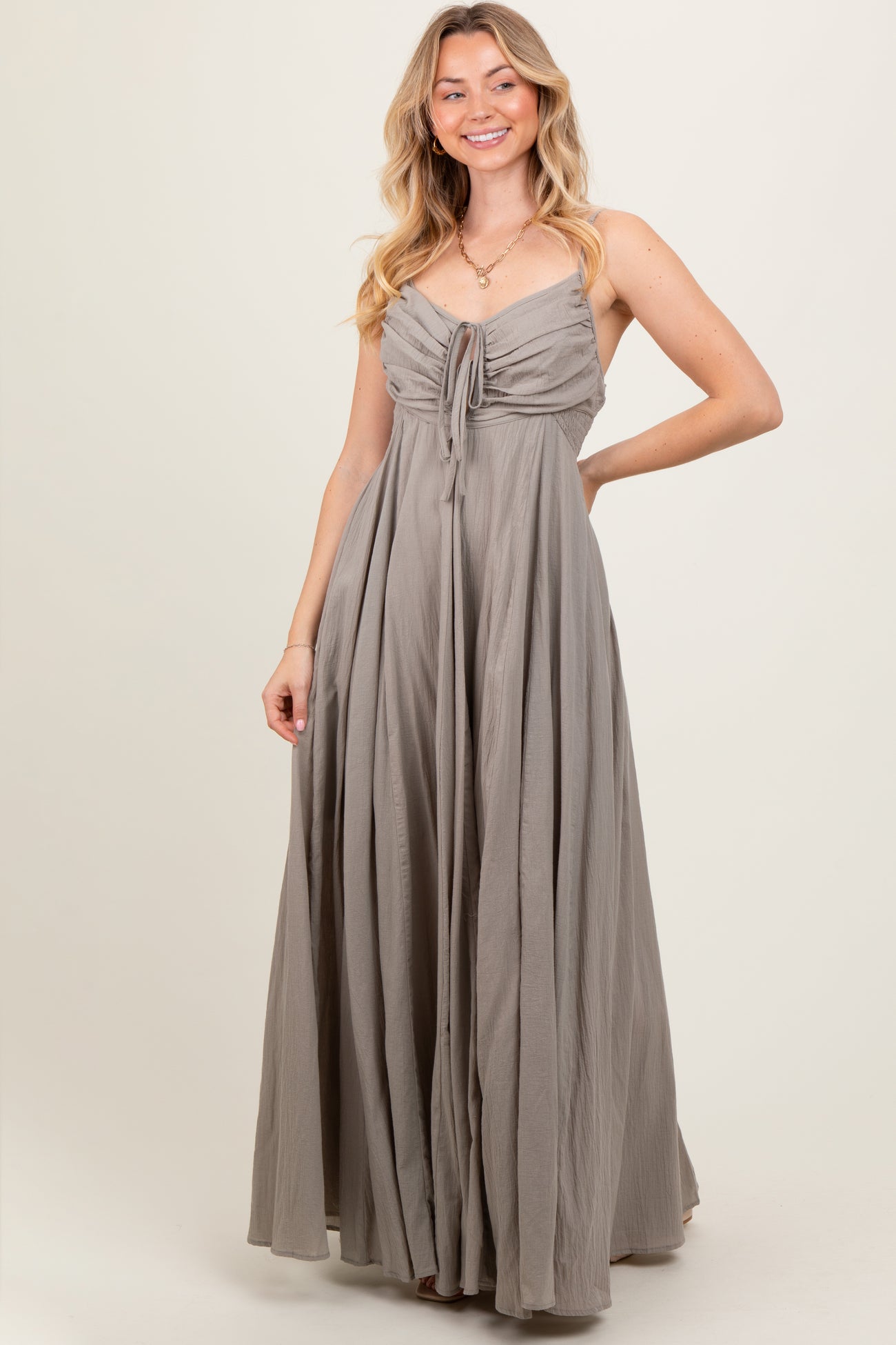 Light Olive Gathered Tie Front Maxi Dress