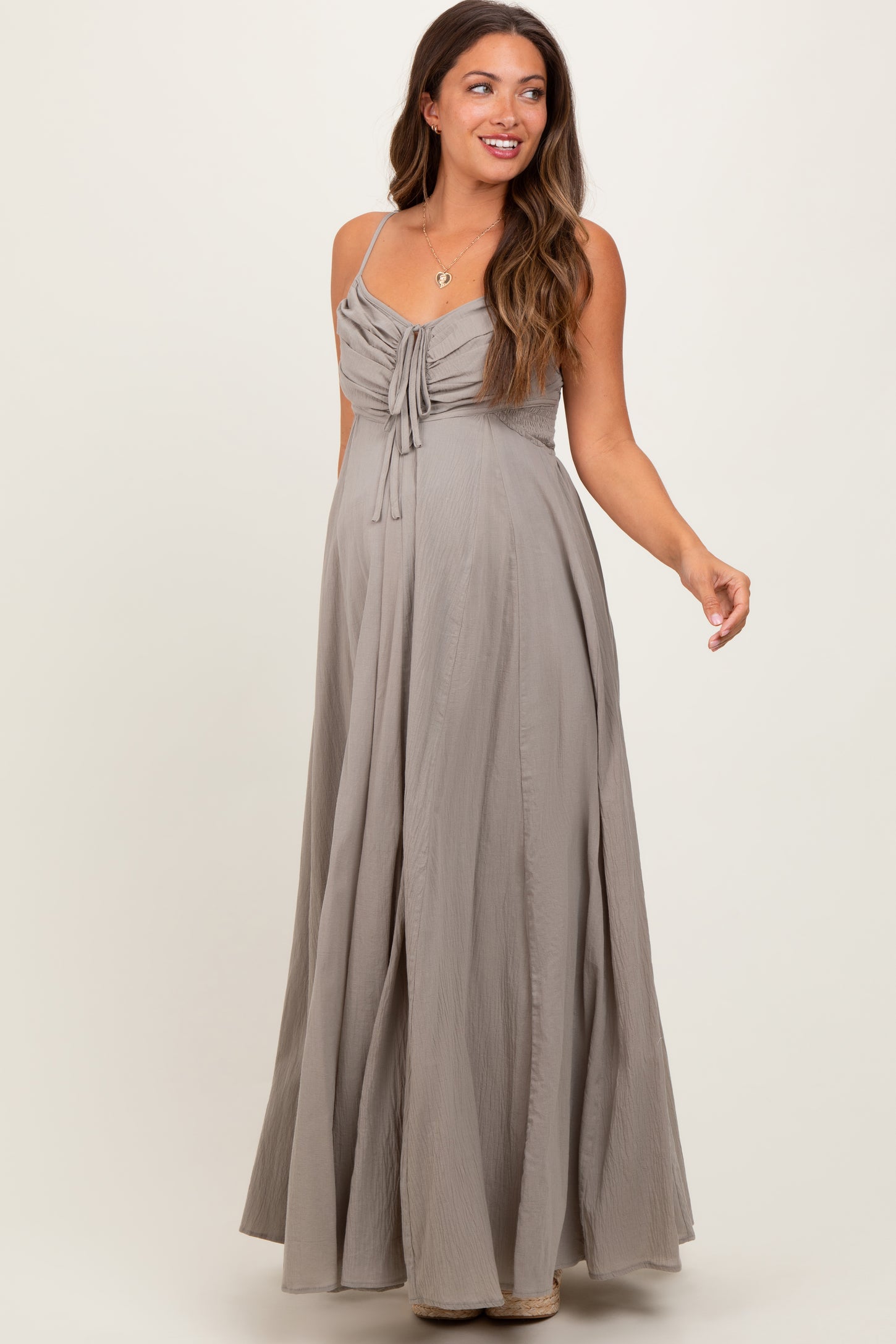 Light Olive Gathered Tie Front Maternity Maxi Dress