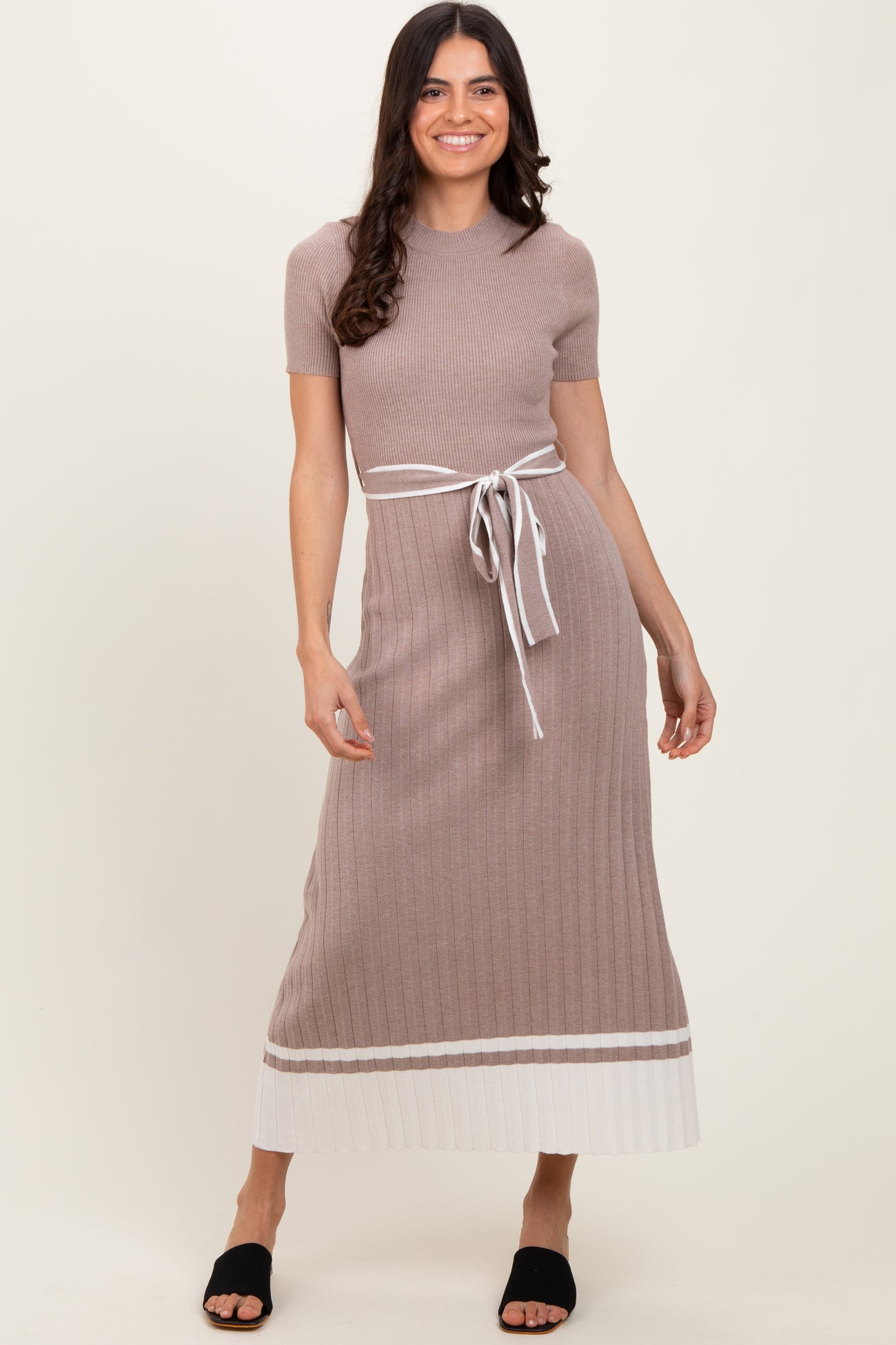 Mocha Ribbed Knit Pleated Maternity Midi Dress