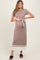 woman wearing a taupe ribbed maternity dress with short sleeves and a tie on the waist, showing her baby bump