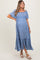 woman wearing a blue floral maternity dress with short sleeves and a button-down detail, featuring a tiered skirt