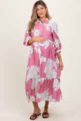 Pink Floral Print Cinched Tie Waist Maternity Shirt Dress