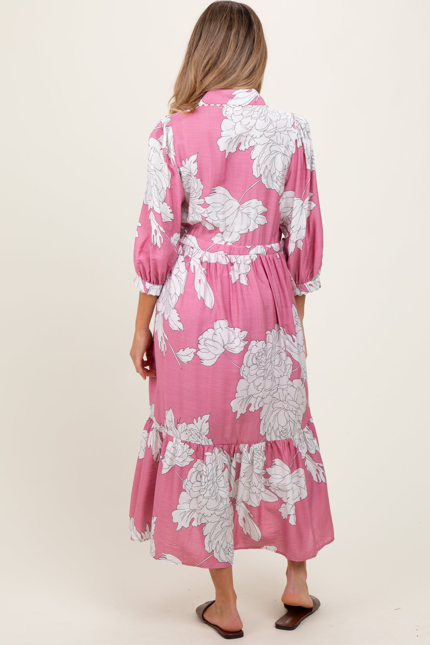 Pink Floral Print Cinched Tie Waist Maternity Shirt Dress