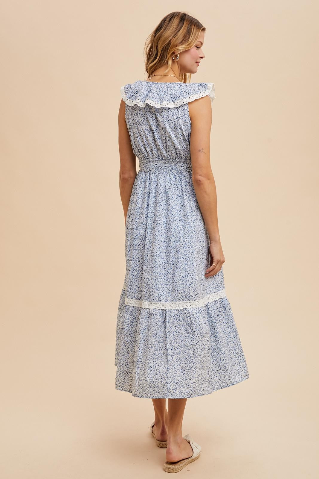 Light Blue Ruffled Floral Cotton Maxi Dress