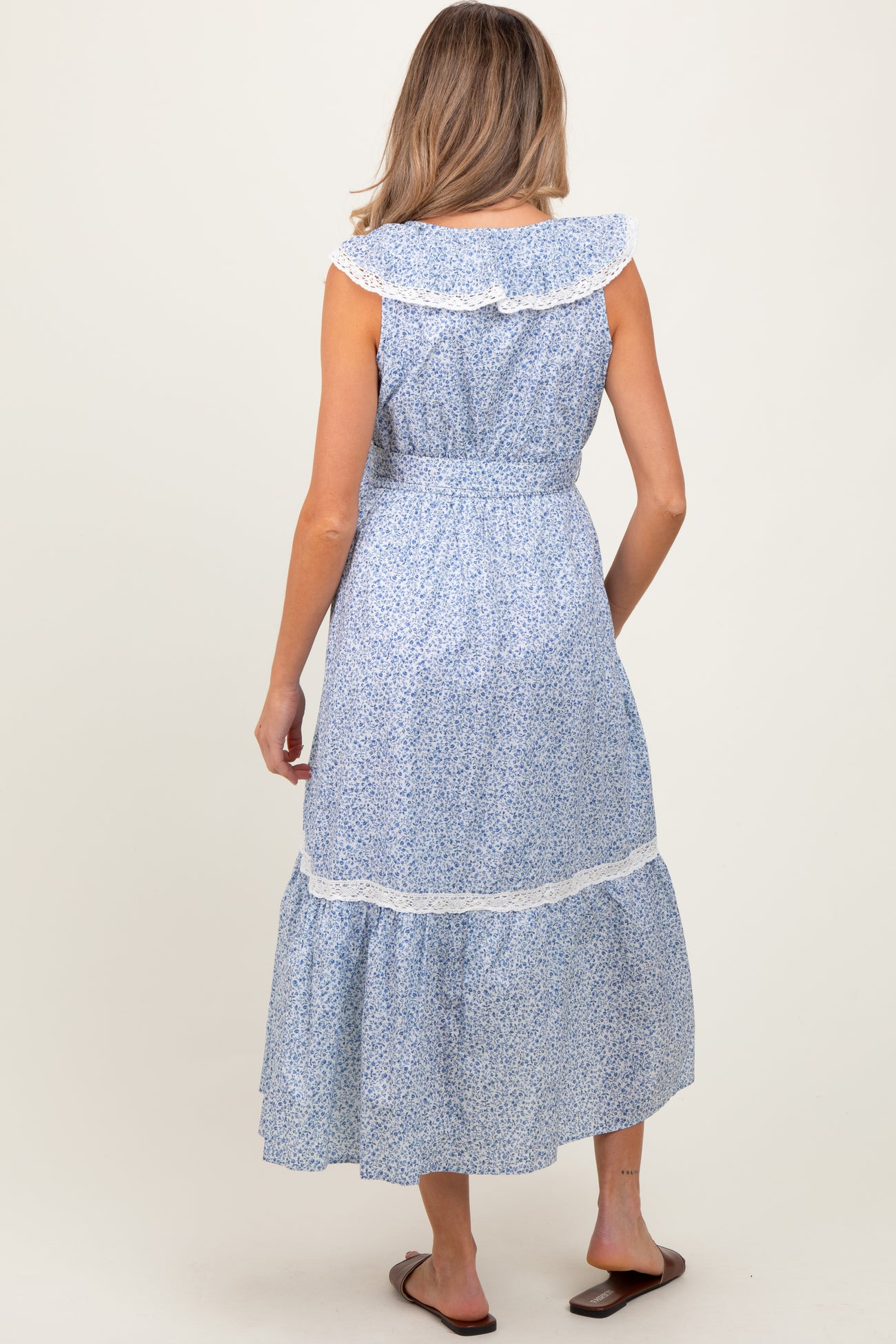 Light Blue Ruffled Floral Cotton Maternity Maxi Dress