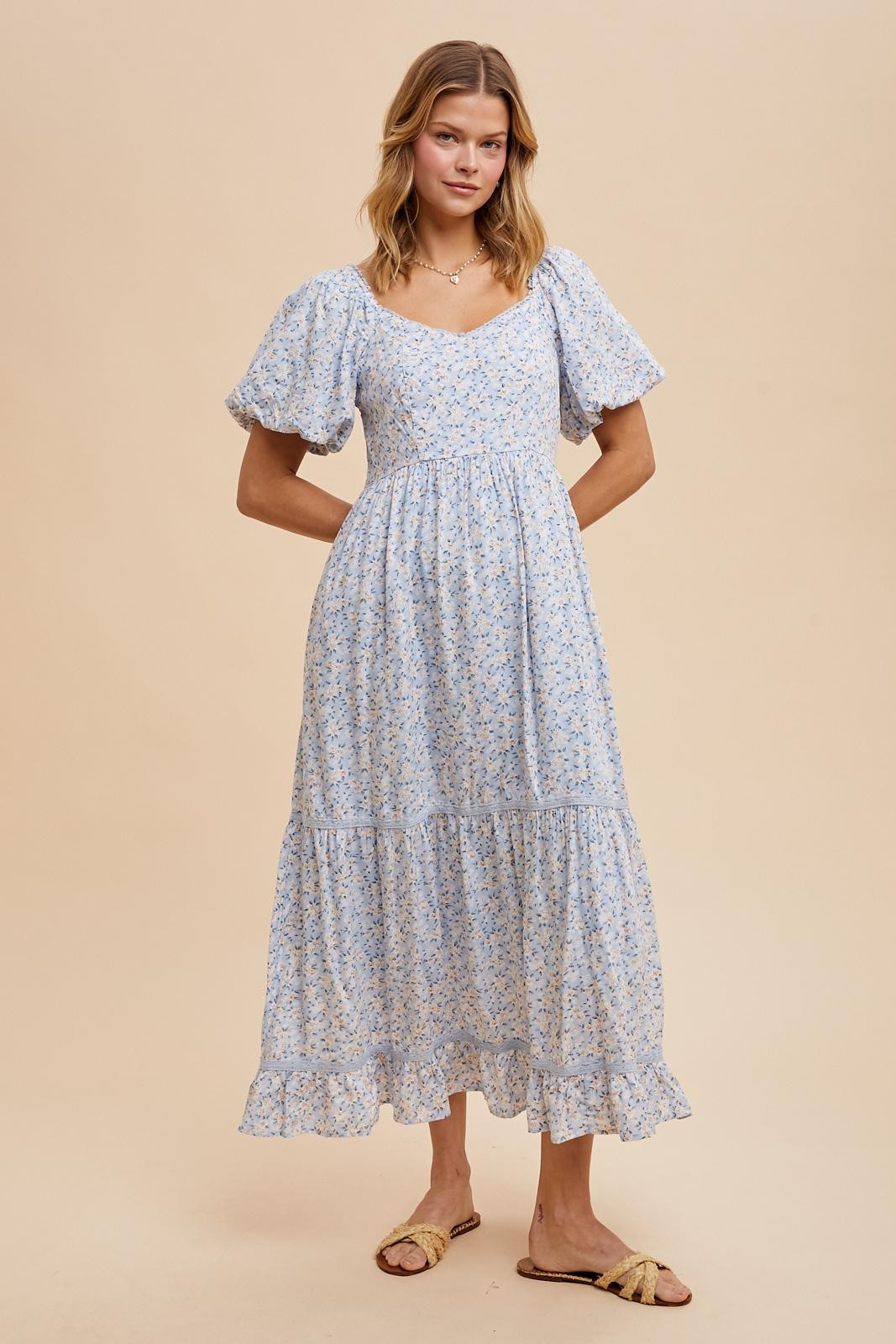 Light Blue Floral Sweetheart Maxi Dress