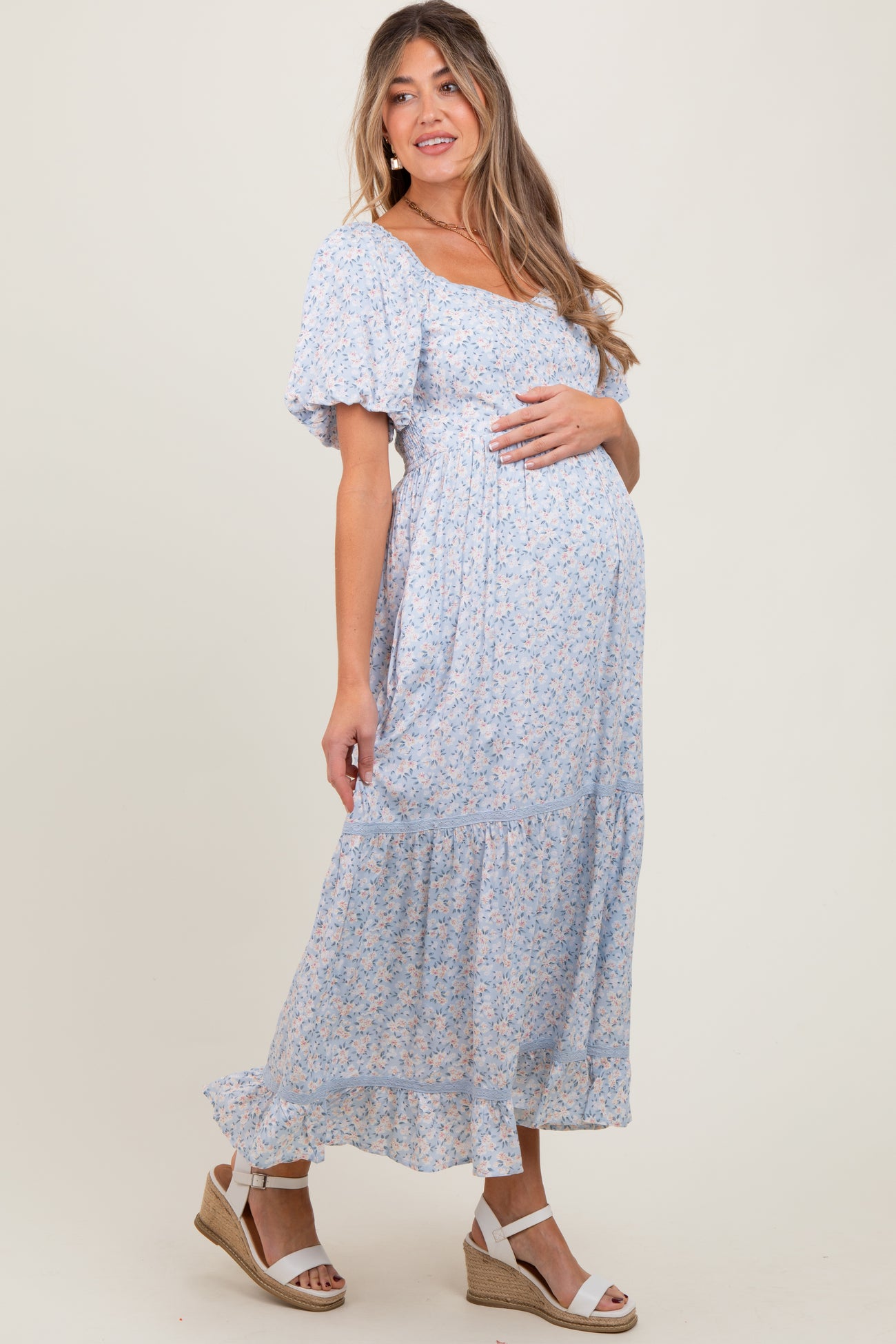 Light Blue Floral Sweetheart Maternity Maxi Dress