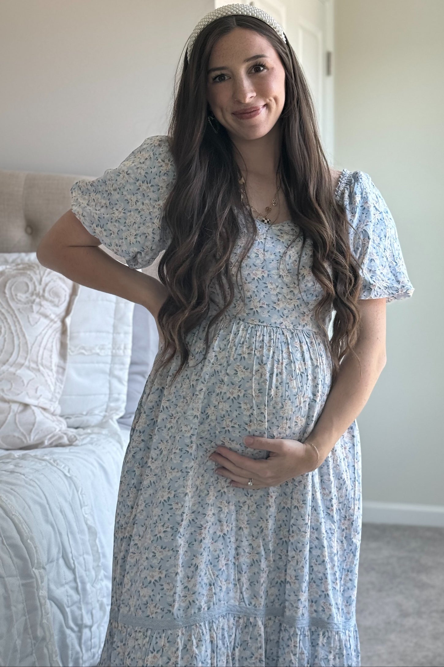 Light Blue Floral Sweetheart Maternity Maxi Dress