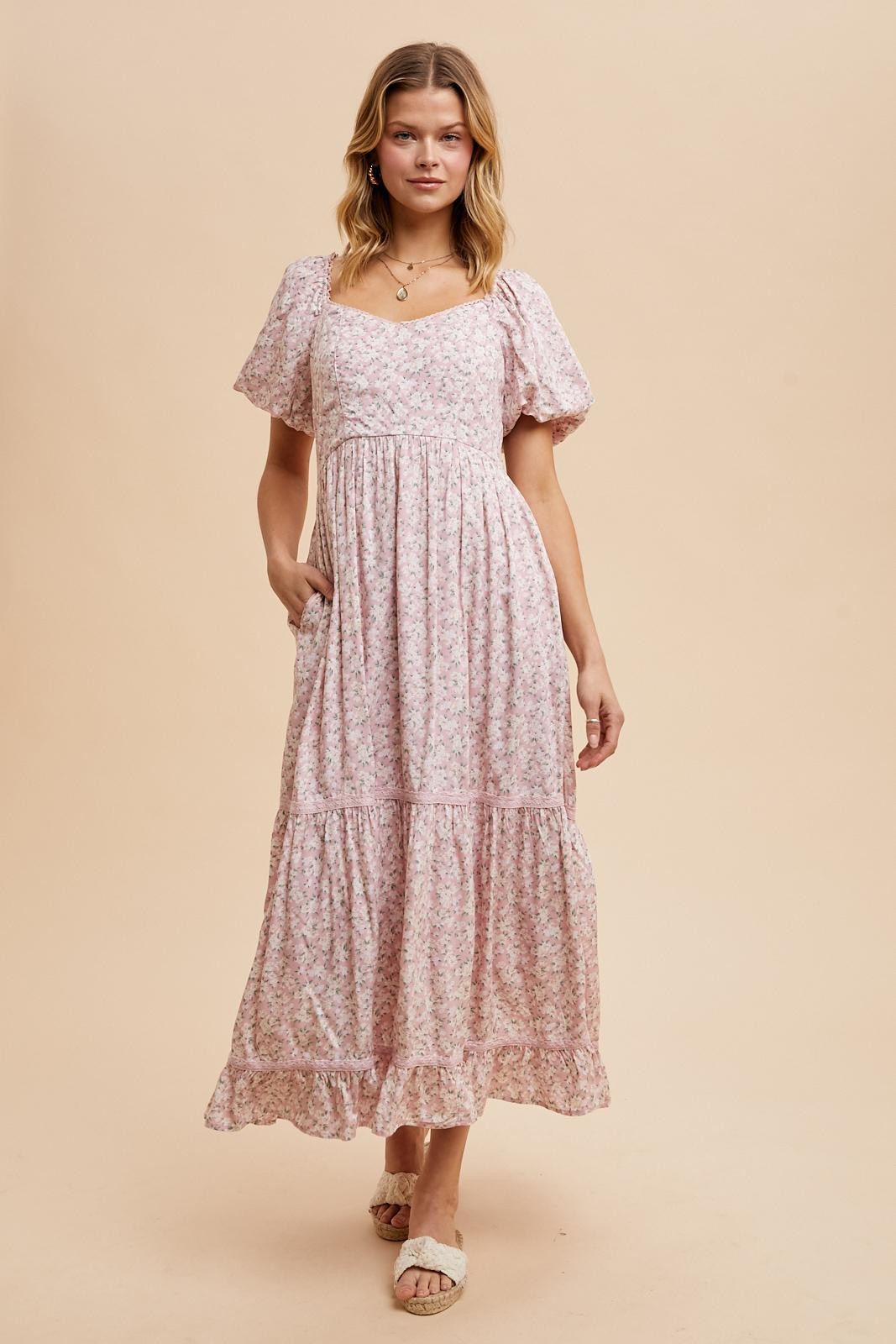 Light Pink Floral Sweetheart Maxi Dress