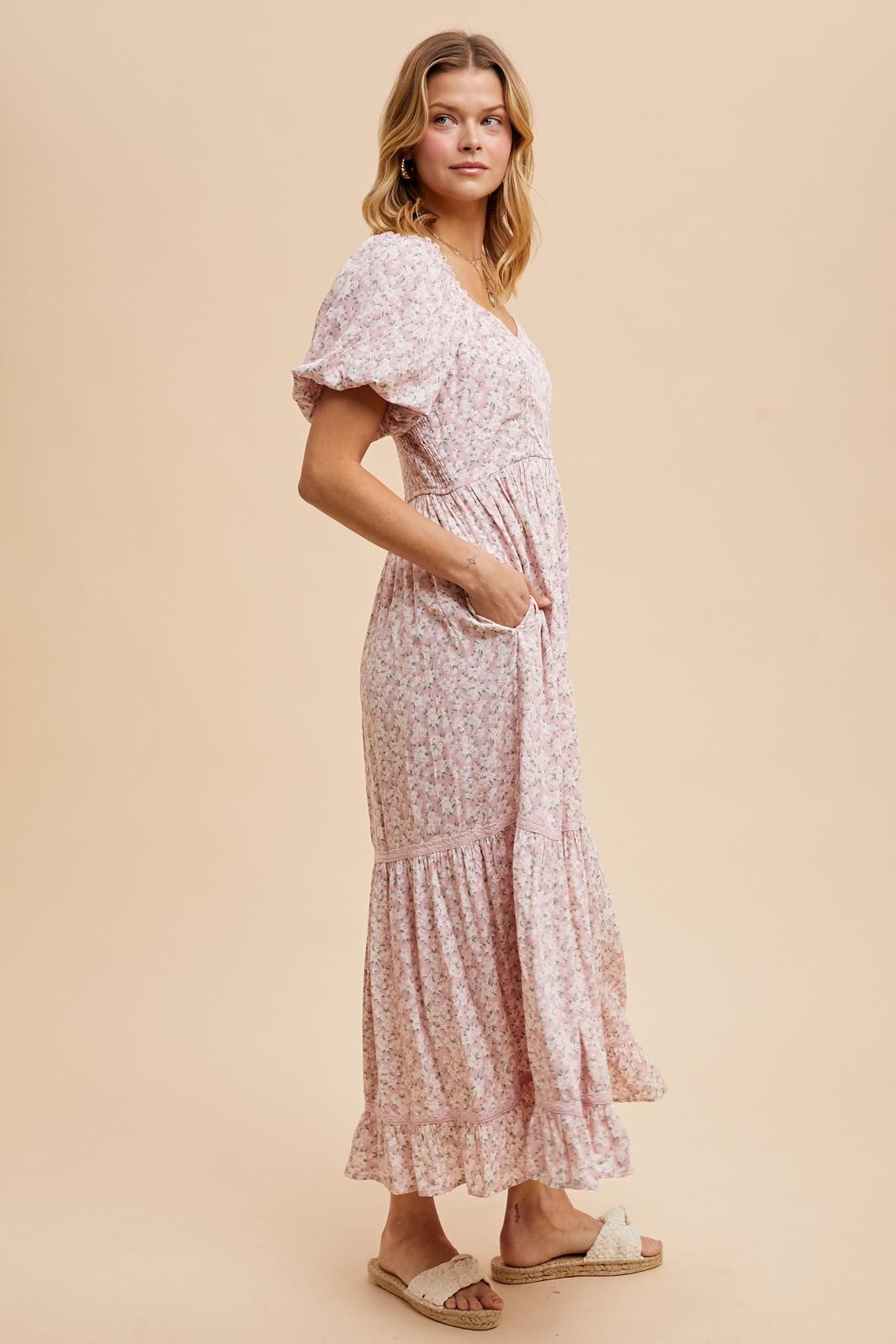 Light Pink Floral Sweetheart Maxi Dress