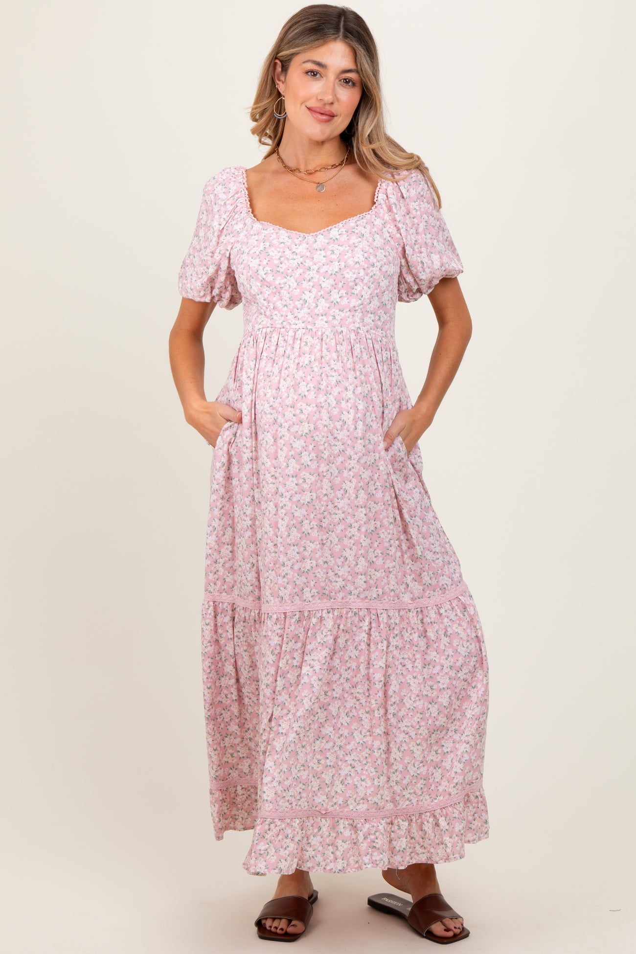 Light Pink Floral Sweetheart Maternity Maxi Dress