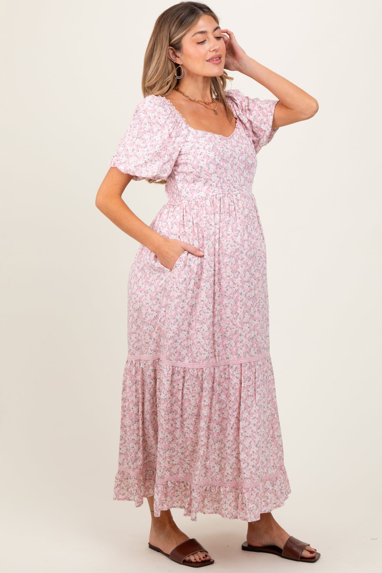 Light Pink Floral Sweetheart Maternity Maxi Dress