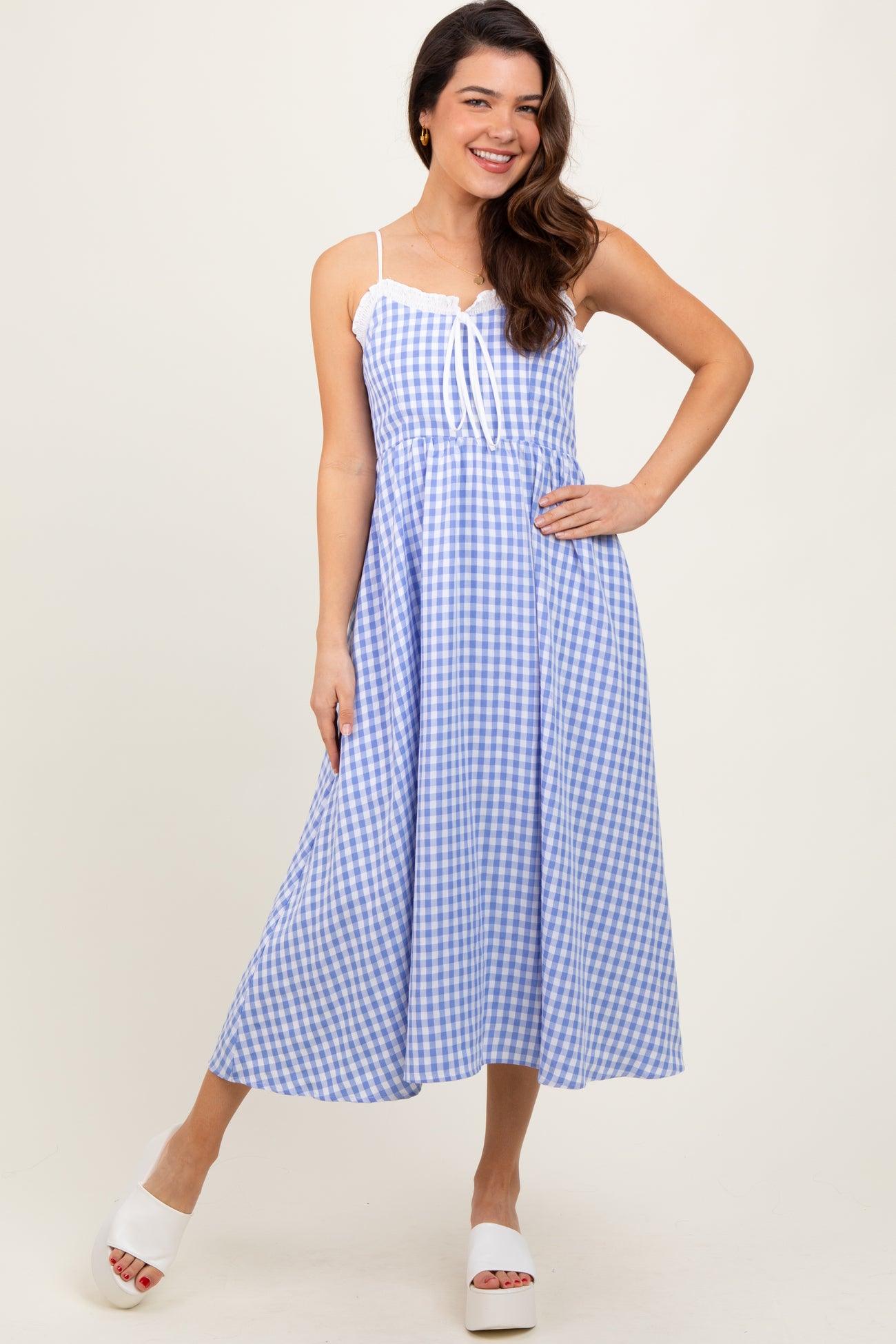 Blue Gingham Smocked Trim Midi Dress