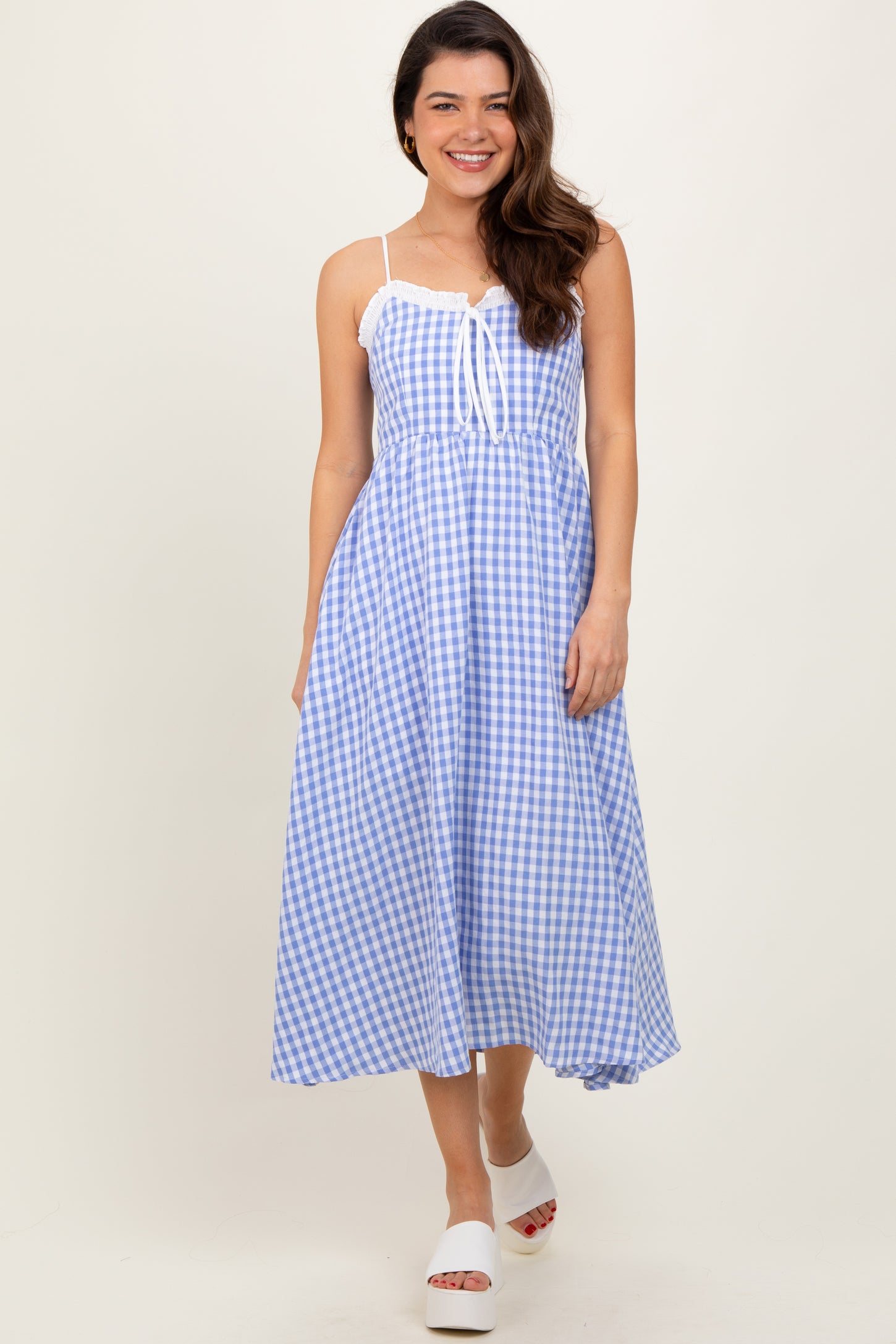 Blue Gingham Smocked Trim Midi Dress