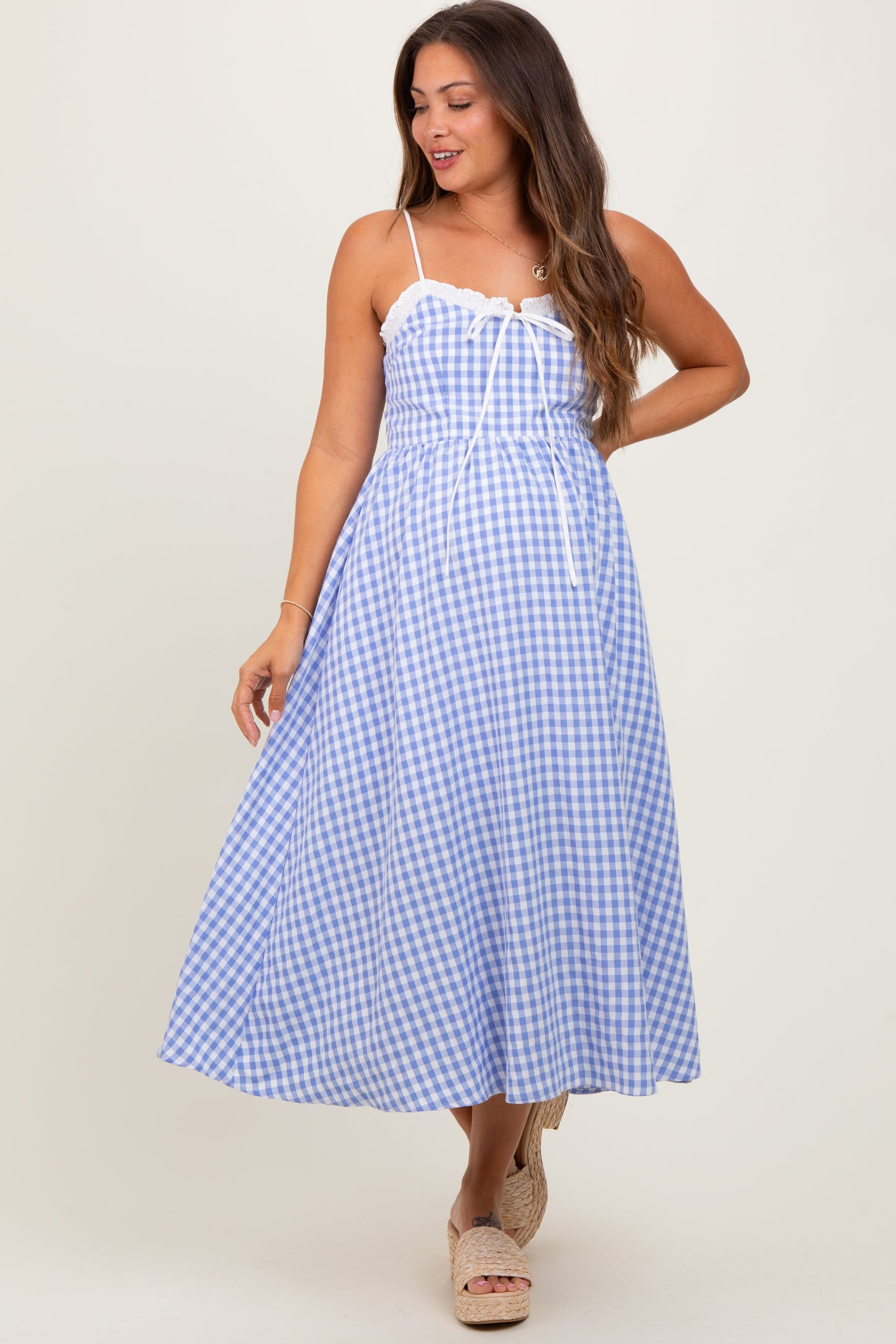 Blue Gingham Smocked Trim Maternity Midi Dress