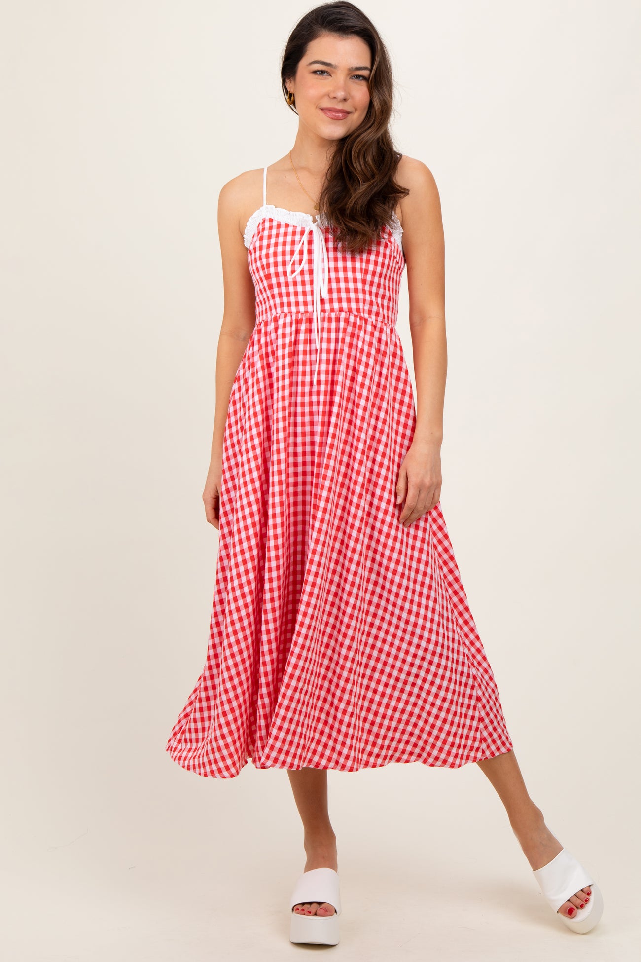 Red Gingham Smocked Trim Maternity Midi Dress