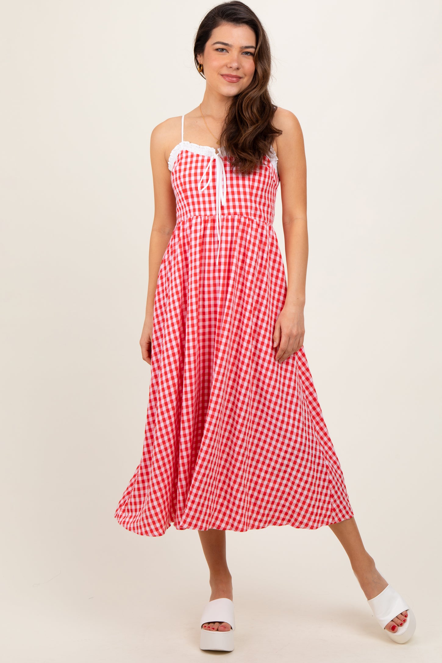 Red Gingham Smocked Trim Maternity Midi Dress
