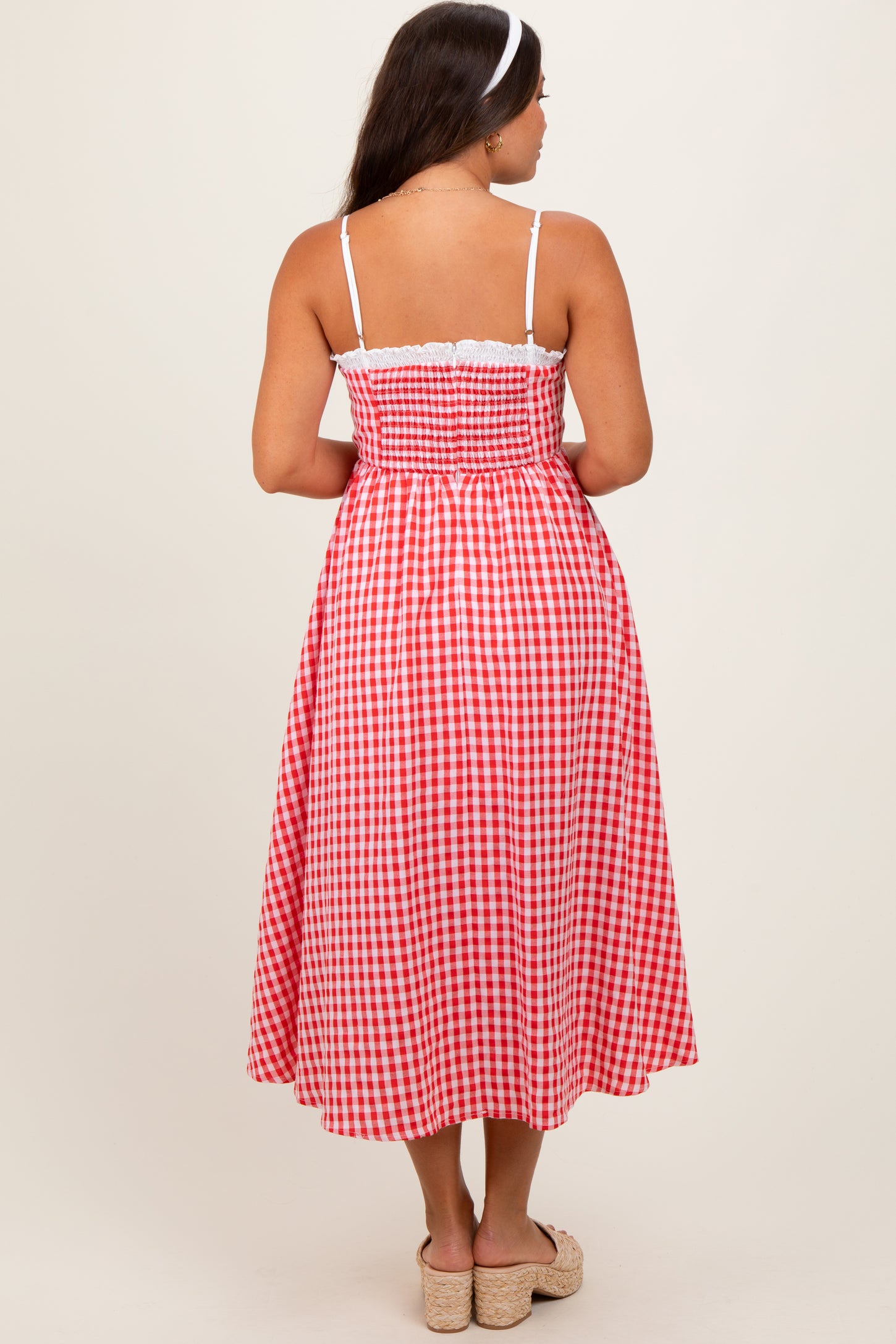 Red Gingham Smocked Trim Maternity Midi Dress