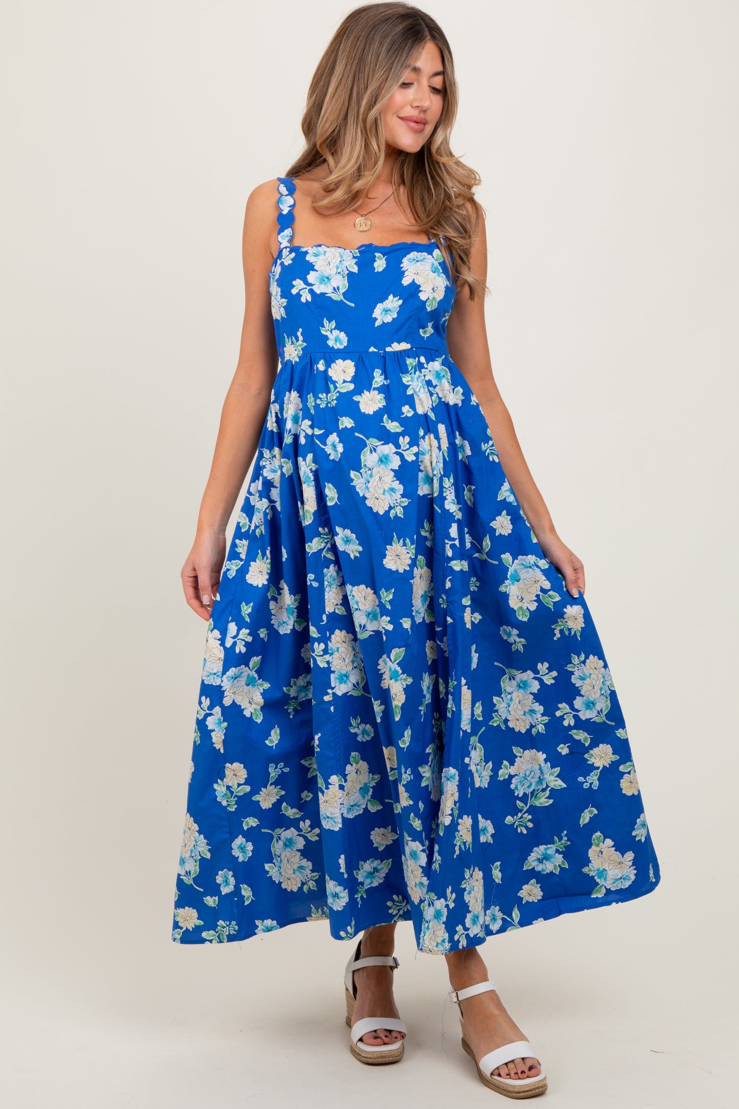 Royal Blue Floral Bold Print Cotton Maternity Maxi Dress