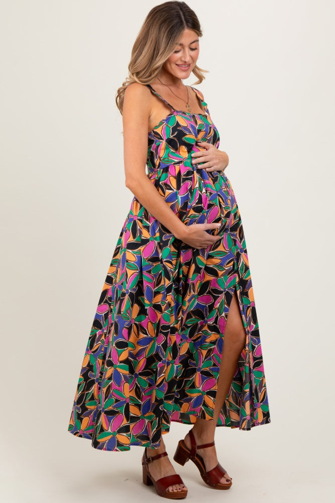 Multi Color Floral Bold Print Cotton Maternity Maxi Dress
