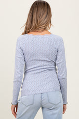 Light Blue Lace Trim Floral Fitted Top