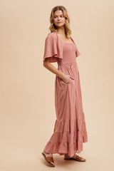 Mauve Smocked Cotton Flutter Sleeve Maxi Dress