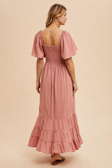Mauve Smocked Cotton Flutter Sleeve Maxi Dress