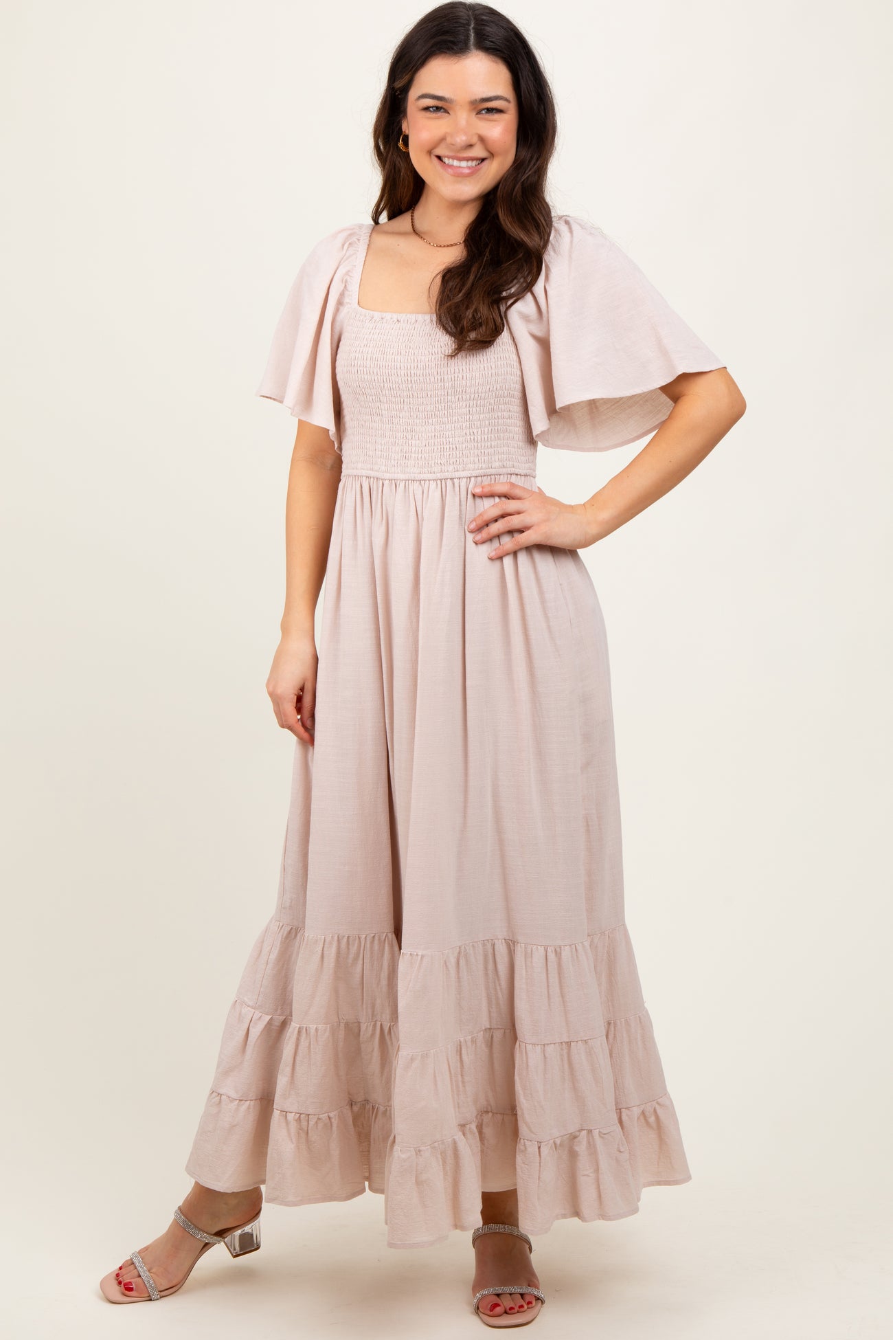 Cream Smocked Cotton Flutter Sleeve Maxi Dress