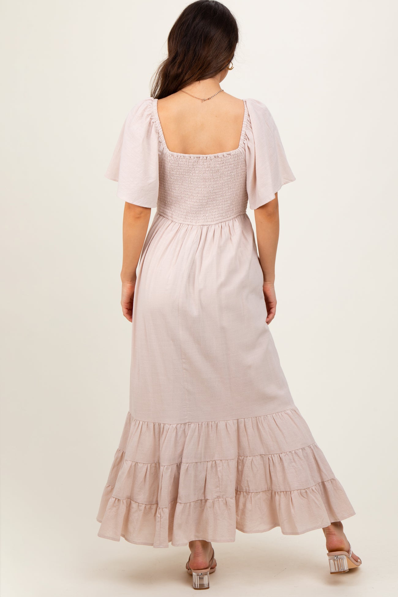 Cream Smocked Cotton Flutter Sleeve Maxi Dress