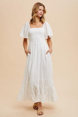 Ivory Smocked Cotton Flutter Sleeve Maternity Maxi Dress