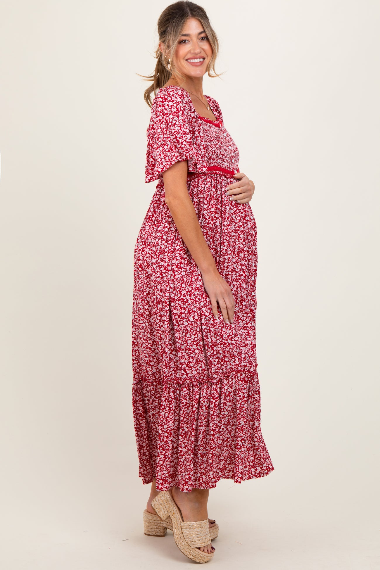 Burgundy Floral Button Front Maternity Midi Dress