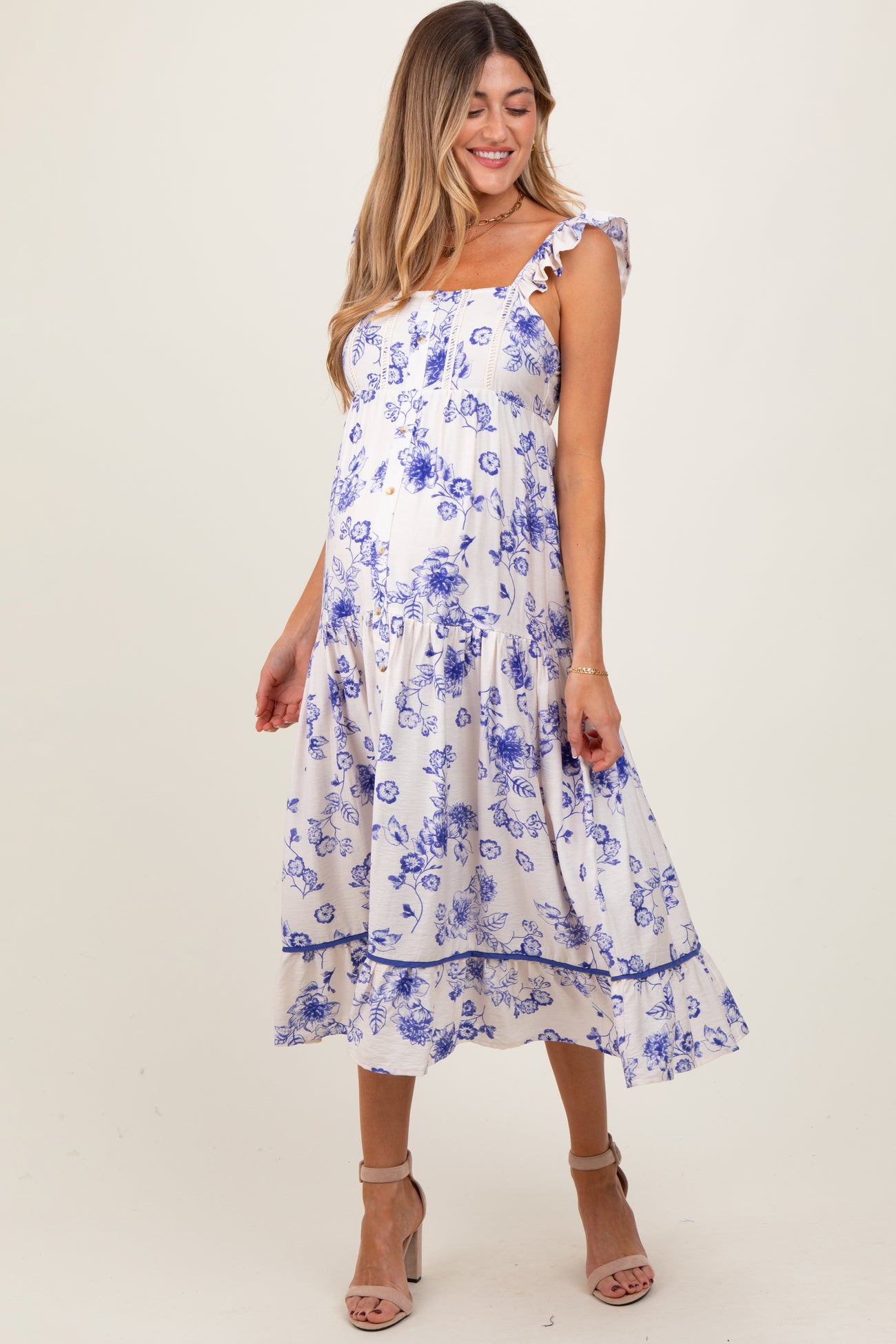 Navy Floral Ruffle Strap Tiered Maternity Midi Dress