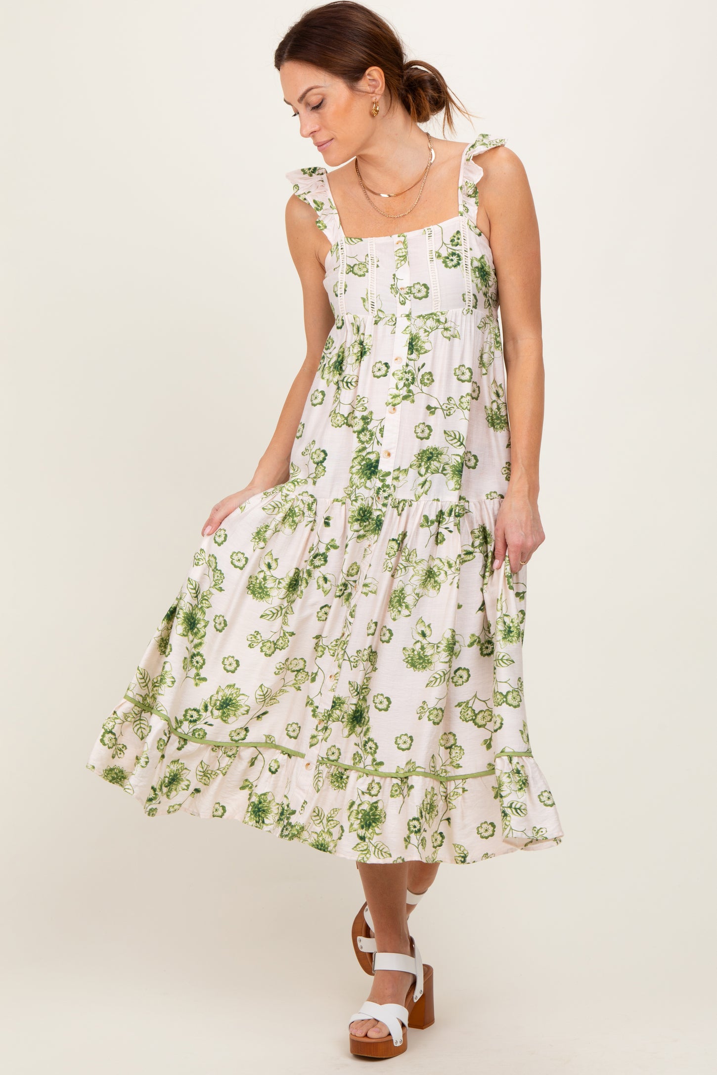 Green Floral Ruffle Strap Tiered Midi Dress