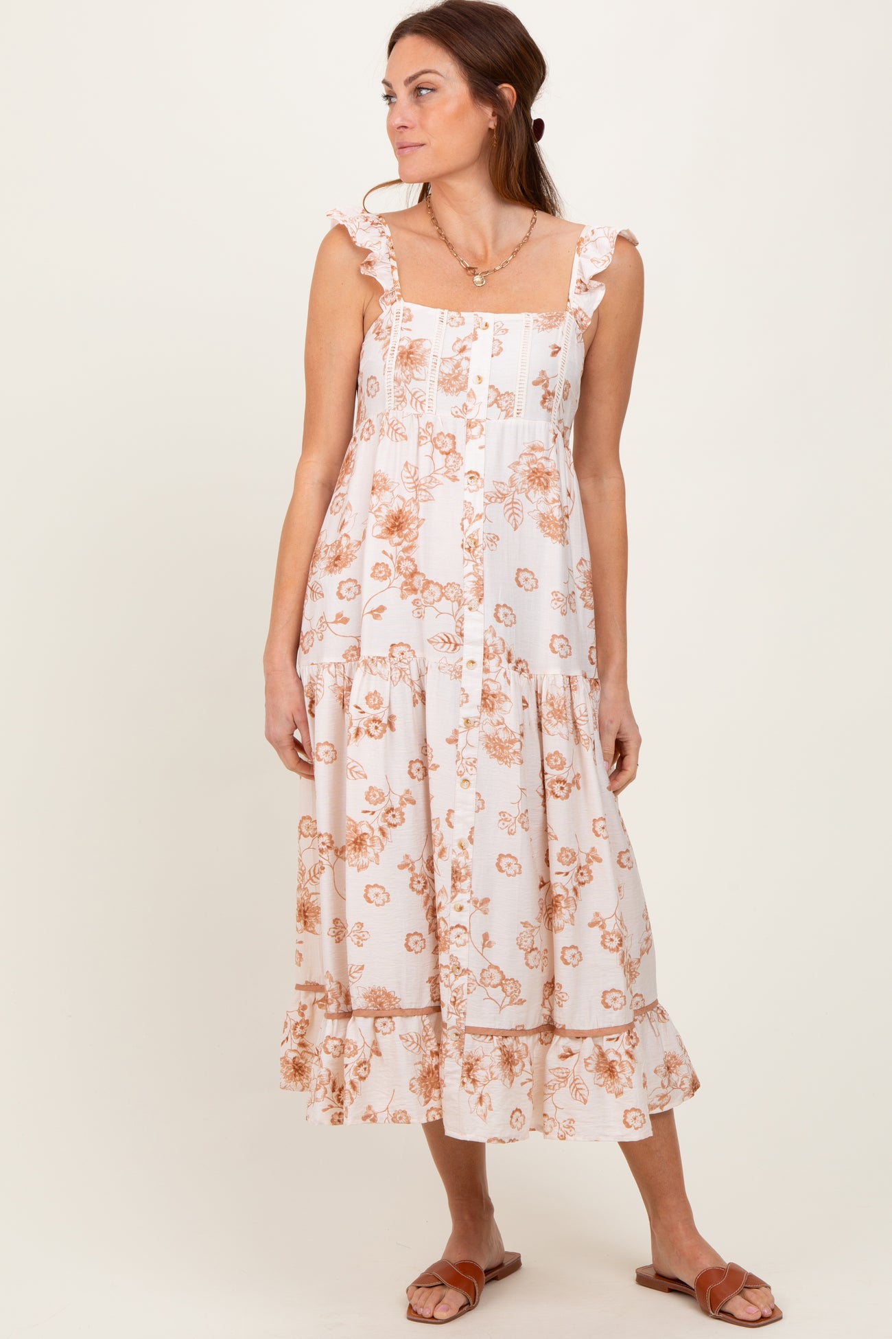 Brown Floral Ruffle Strap Tiered Midi Dress