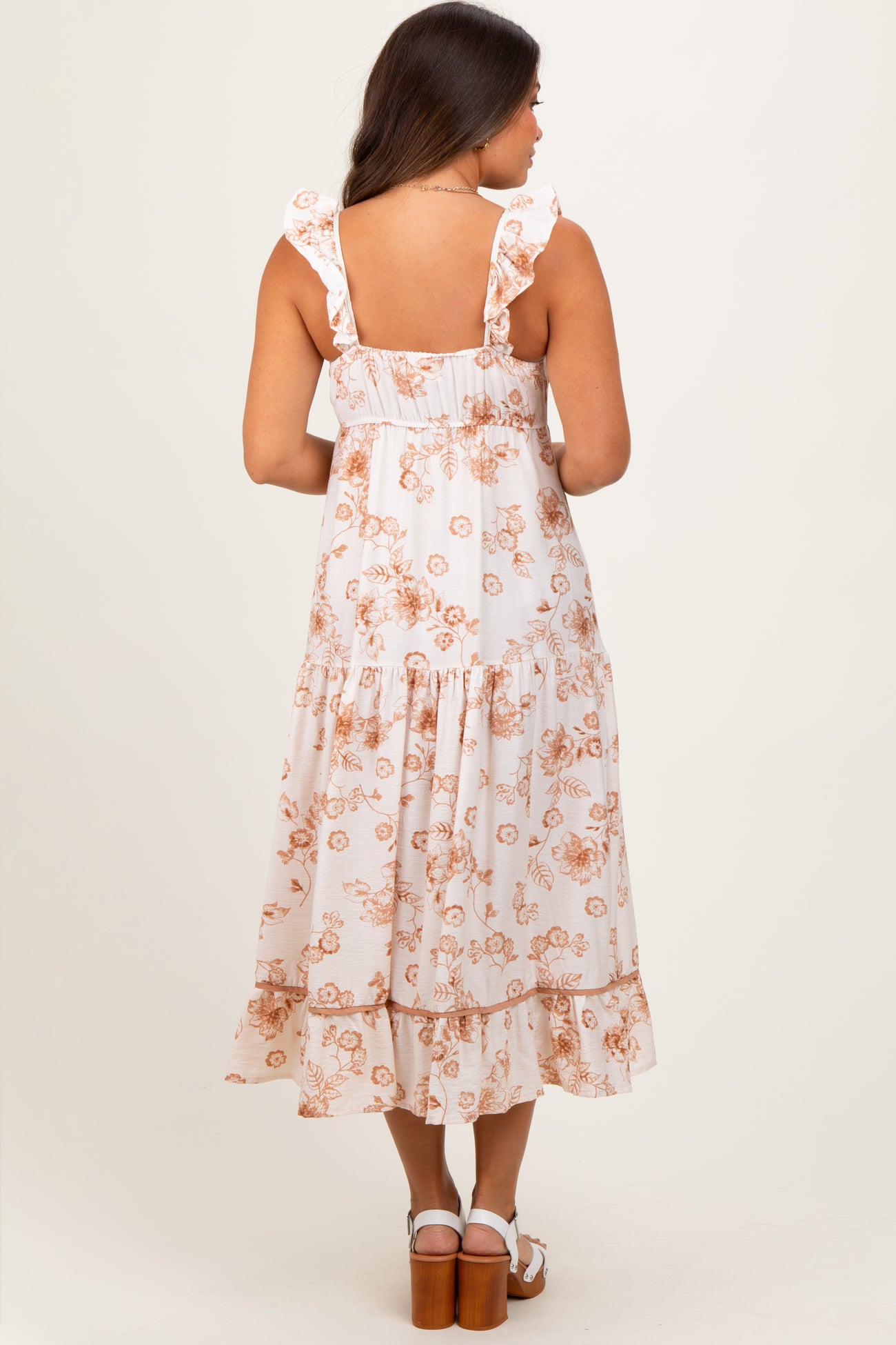 Brown Floral Ruffle Strap Tiered Maternity Midi Dress