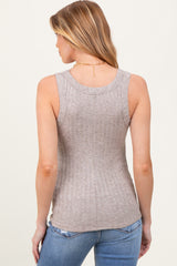 woman wearing a light gray ribbed maternity tank top, showing the back view with fitted silhouette and no visible baby bump