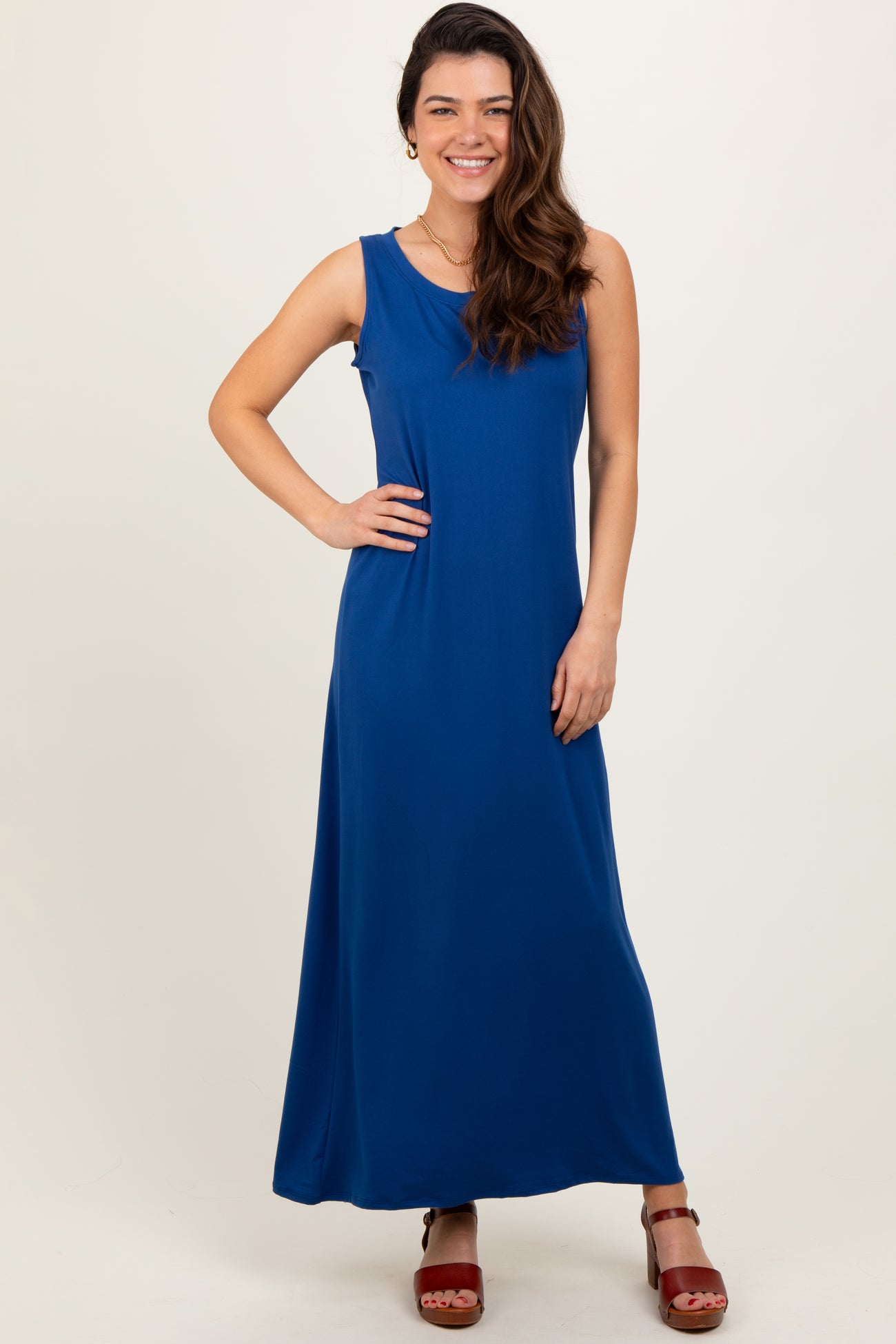 Navy Sleeveless Flared Scoop Neck Maxi Dress